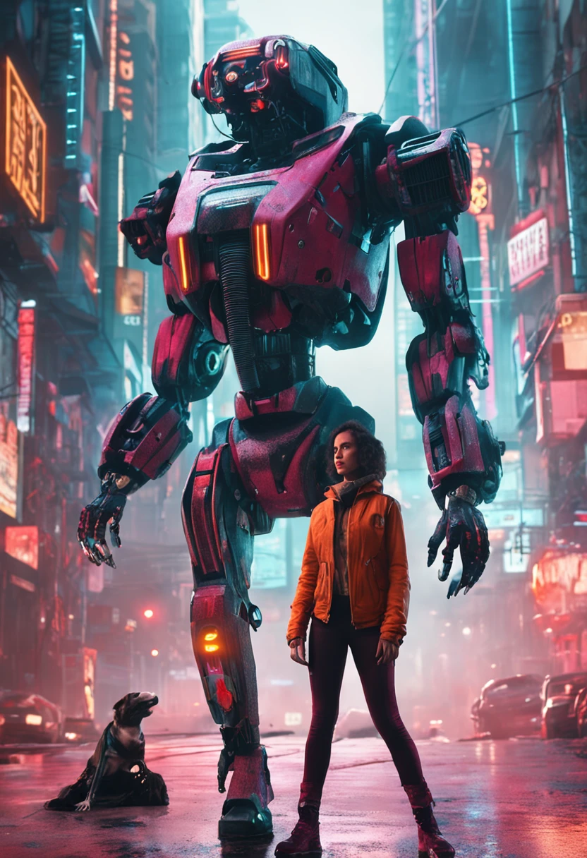 A cyberpunk woman standing in front of a robot