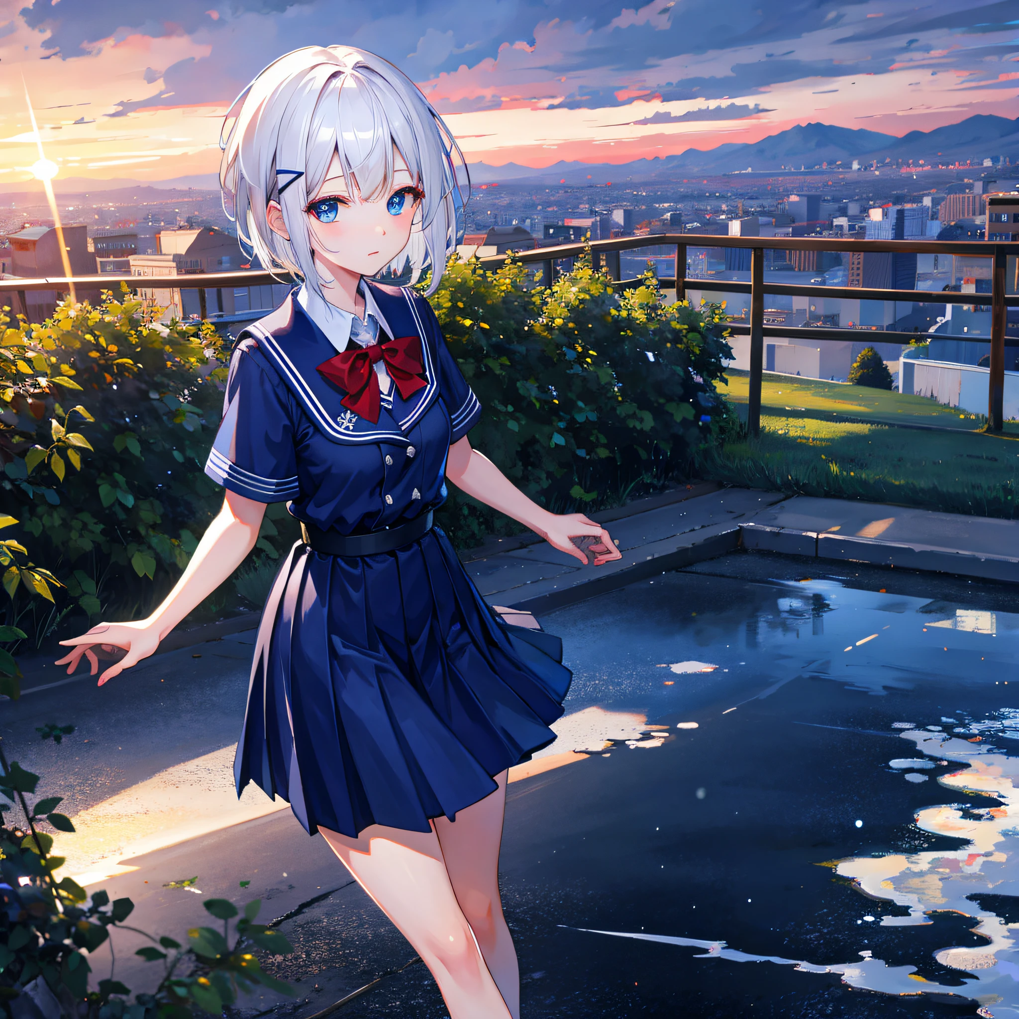 highly detailed background,8K , masterpiece,ultrasharp,high res,(masterpiece:1.3),(best quality),(ultra-detailed),8k,semi-realistic,4k,RTX,shaders,brilliant texture work,great lightning , beautiful shaders,1 girl , platinum hair, blue eyes, looking at viewer , cute, hairpin,SHORT HAIR, sunset, detailed skies, detailed + extra lightning+ shaders, , magnificent view,far view,school uniform