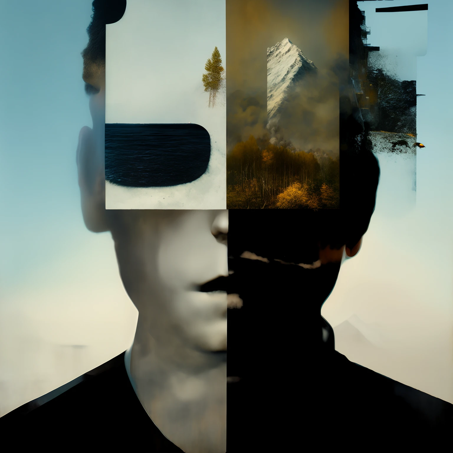 There is a man with a picture of a mountain and a lake in his head, Sergei Kolesov, por Robert Peak, por Kurt Roesch, Polilla Frank, Retrato de un chico retazos, Eric Lacombe, A contemporary artistic collage, Surrealismo abstracto, Casey Baugh y James Jean, por Thomas Bock, por Paul Davis, inspirado por Thomas Bock, Anton, ciego