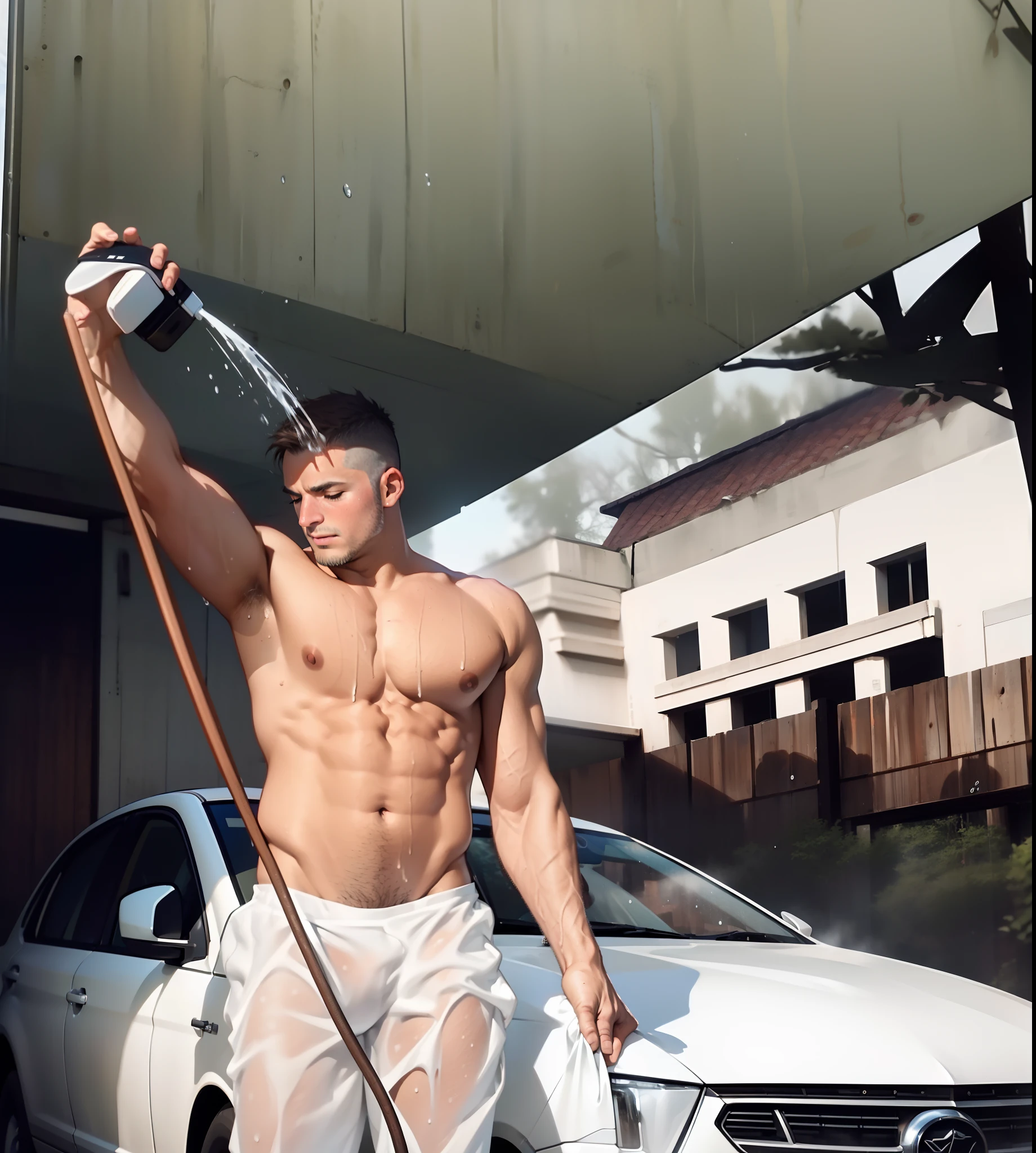 a man washing his head and car with a hose in the car garage, car washing scene, handsome face with detailed facial features, correct and accurate male anatomy, he is holding hose with his left hand with his thumb towards his face and his palm towards the viewer, correct accurate number of 5 fingers holding hose, he is closing his eyes to prevent water entering into his eyes, water splash, water spray effect, wearing wet transparent white long pants highlighting and revealing underlying tight thong highlighting his big bulge and muscles, showing his belly button, his left hand is holding car washing sponge, wet muscles and skin and pants, masculine stocky chubby body, big biceps, wide chest, big super pecs, big erect pink nipples, evening time with evening mood, sexy mood and hot emotion, seducing, erotic, water splash and water spray environment against sungight, detailed fined quality high resolution illustration art, white sport saloon car and wooden house background, depth of field, professional shoot and retouching details, shadow, highlight, sharpness, masterpiece, artistic, Andrew Christian carwash style and inspiration