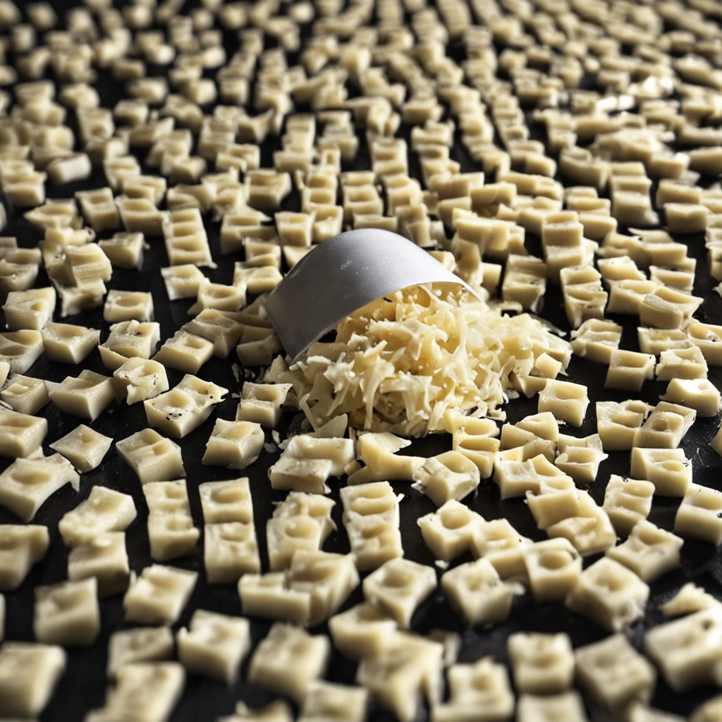Low-angle lens of cheese grater, There is a pile of freshly grated cheese in the foreground.