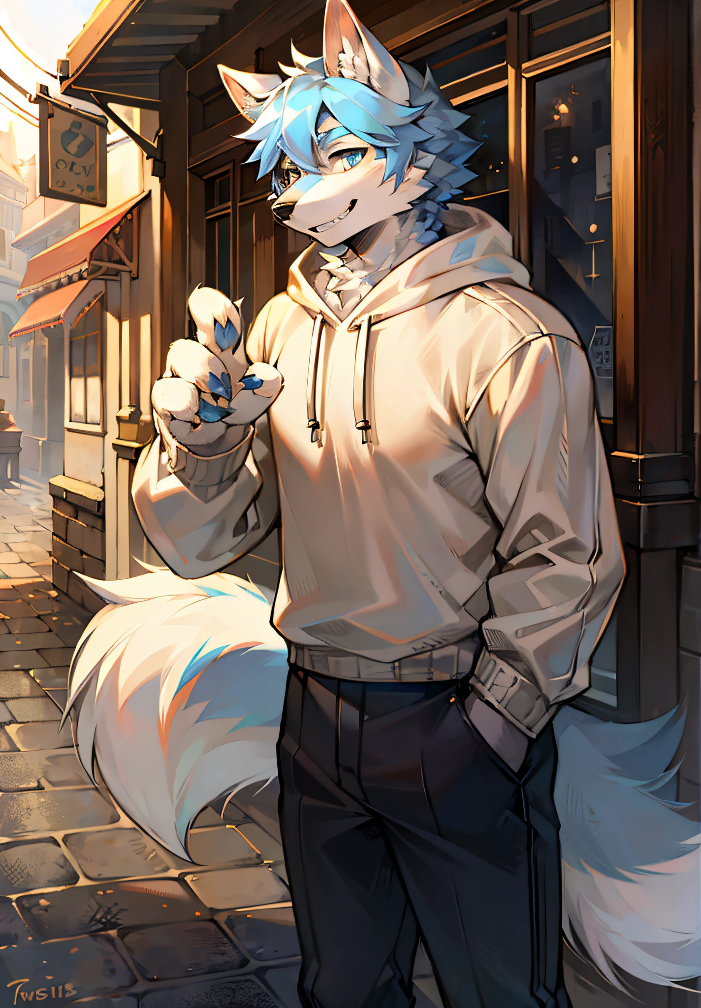 coyote,Light blue hair,Sepia eyes,large and bright eyes,Wolf ears,s the perfect face,No spots,The smile exudes incomparable handsomeness,,The existence of humanoid creatures,A masterpiece of smiling,High quality work,The mouth and stomach are dotted with white hair,The eyes are filled with a unique light,Wolf-eared animals,smiling showing teeth,Strong and young,shaggy,clawed paws,Wolf's face,Handsome,anatomy correct,male people,White sweatshirt,On the street,freshen,Relaxed,Face shot,sportrait,