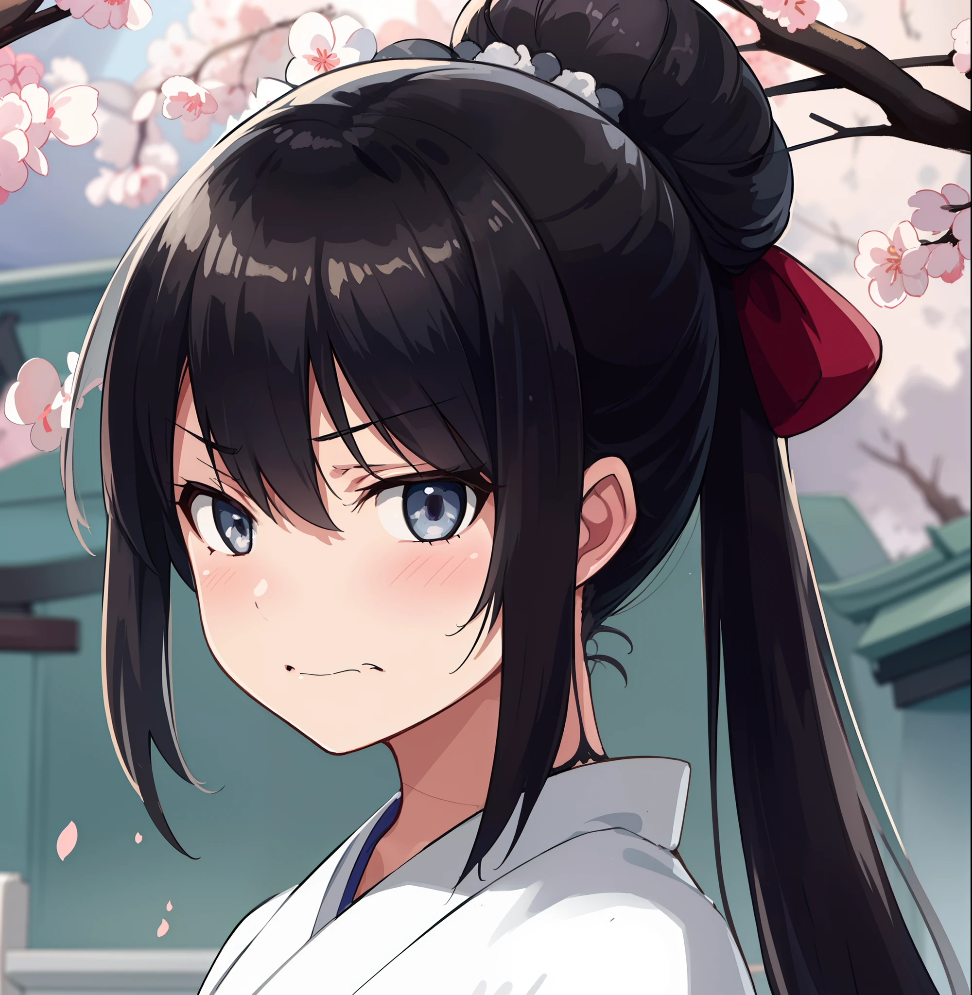 A  girl.  Japanese priestess Miko. a bathrobe. dark colored hair, pony tail. gray eyes.  Stern face. frowning mouth. against the background of the sky and cherry blossoms