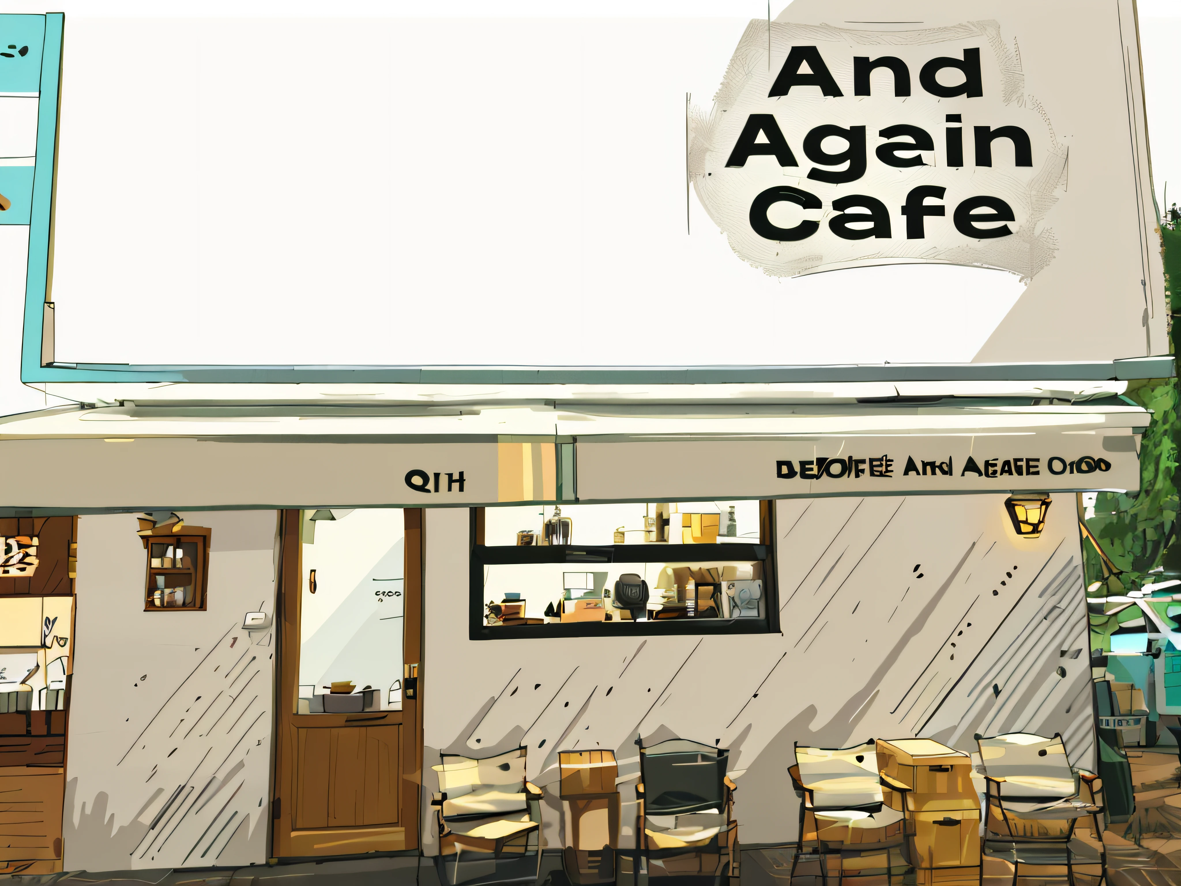 A coffee shop called AndAgainCafe,There are light boxes,Camping chairs,Storage compartment,a chair,AndAgainCafe,Stores