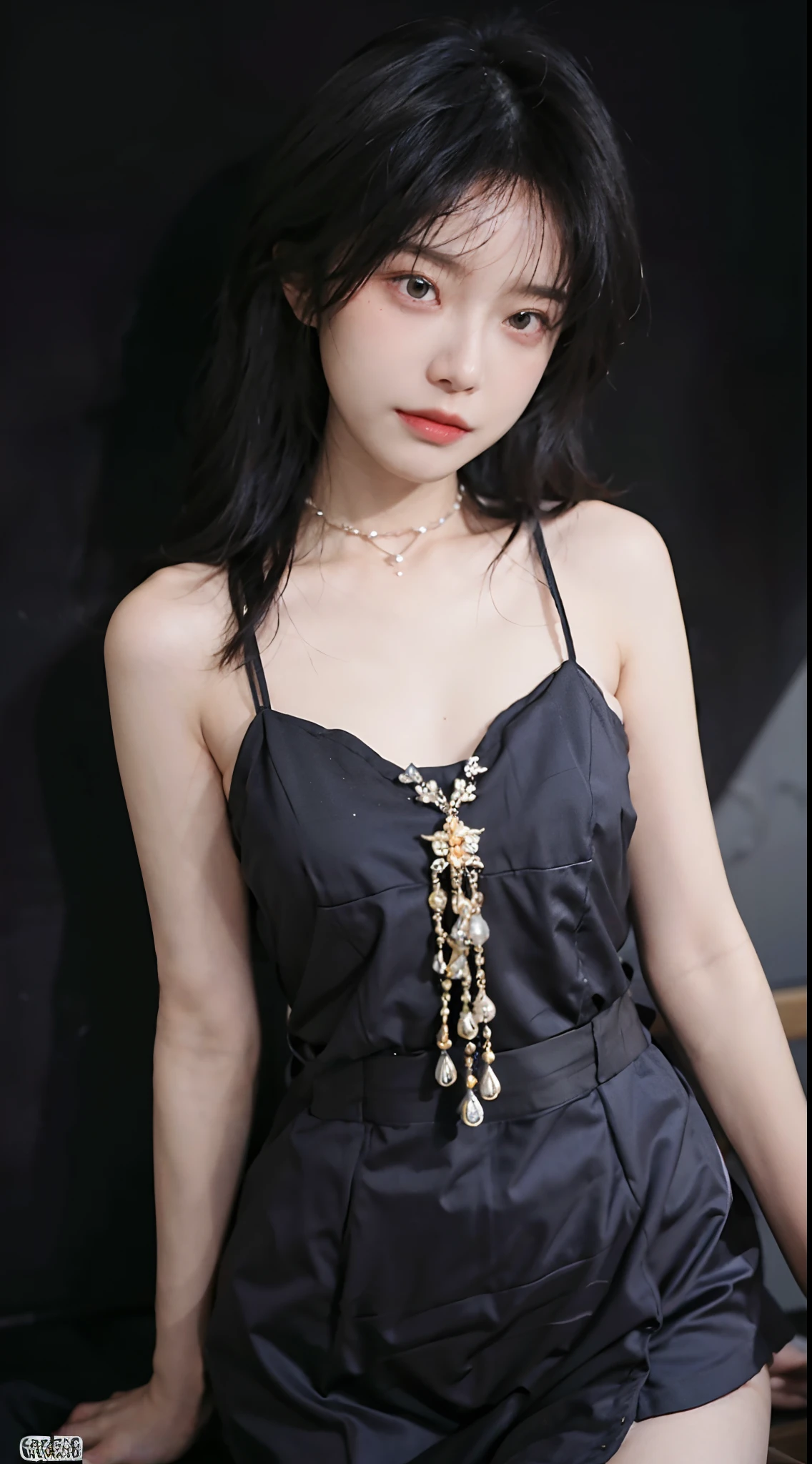 best qualtiy, 超高分辨率, (realisticlying:1.4),Baoyu Girl,1girll, with long coiled hair,Bring a black mask,Looking into the distance,cute clothing,a sense of atmosphere,Beautiful woman with a slim figure:1.4, Ultra-fine face,Elaborate Eyes,二重まぶた,choker necklace