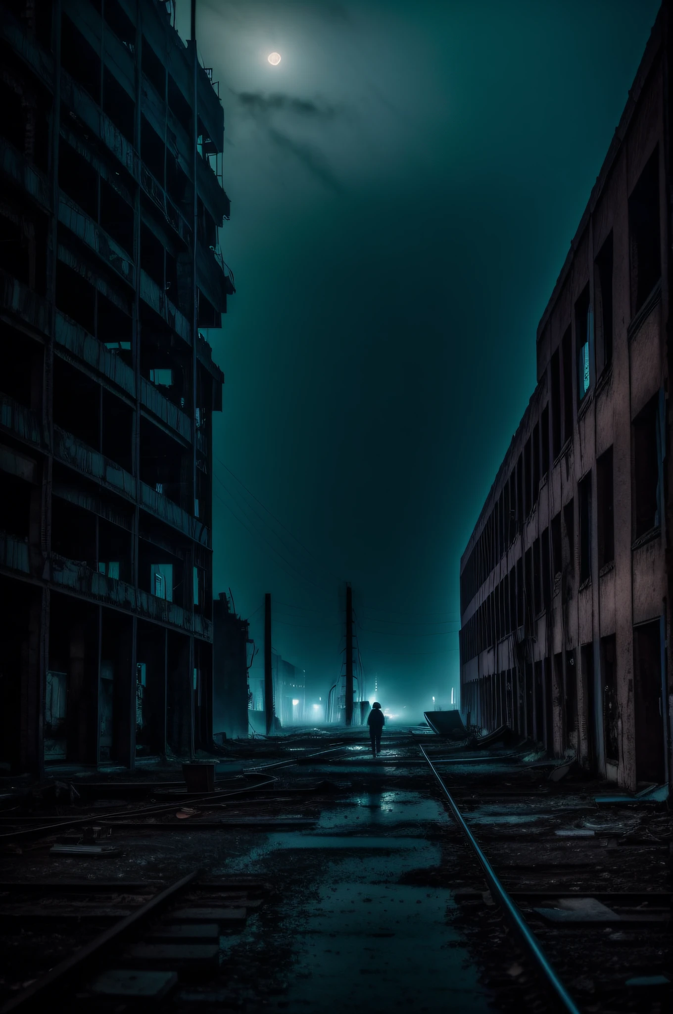 deep in the night、mid night、abandoned factory、Ruins、Only one light、Sad clown、Foggy、Nostalgic but unsettling photos、Images in a dream、uneasy、horor、terrifying、desolate、Pretty dark image、Grainy photo、Film Touch、color photograph、wide angles、wide-angle lens, Wide Shot, ultra wide-angle、