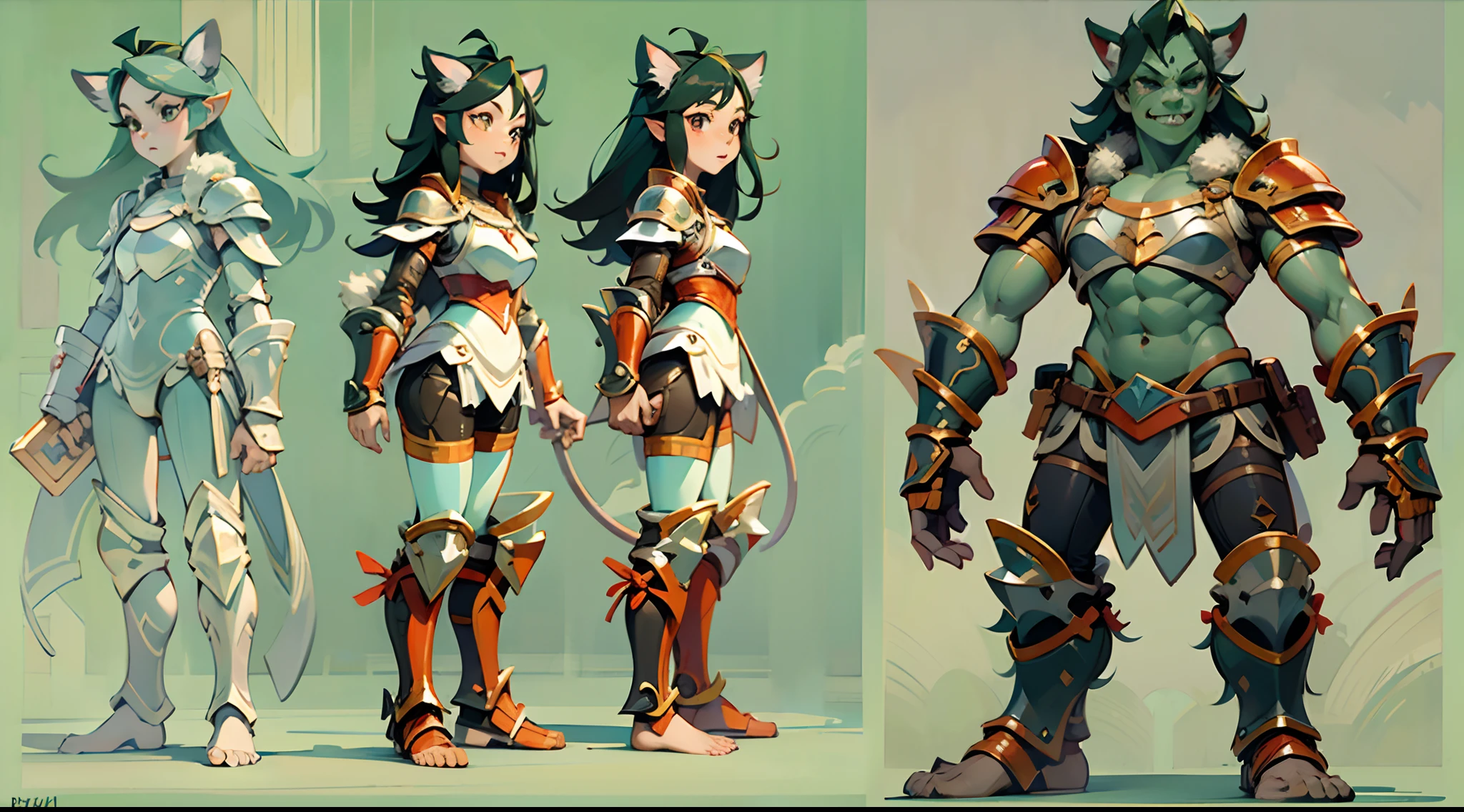 Game character standing drawing design,Disney animation,style of disney animation,Orc female,Cat-eared lady,Leather armor,Fur shoulders,Slim figure,The barefoot,Holding a red dagger,Different layers overlay,Different angles,(Back all over the body:1.4),solid color backdrop,clean backdrop,depth of fields,high light,Real light,Ray traching,OC renderer,UE5 renderer,Hyper-realistic,best qualtiy,8K,Works of masters,super-fine,Detailed pubic hair,Correct anatomy,