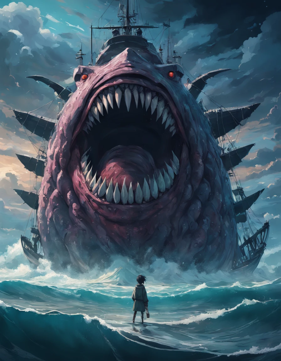 ugly monster, Body shape huge, standing in ocean, tosen, There is a small fishing boat around, A grand spectacle, Oppressive atmosphere, surrealism, Chiaroscuro, Cinematic lighting, Wide shot, Masterpiece, ccurate, Anatomically correct, Super detail, High details, Best quality