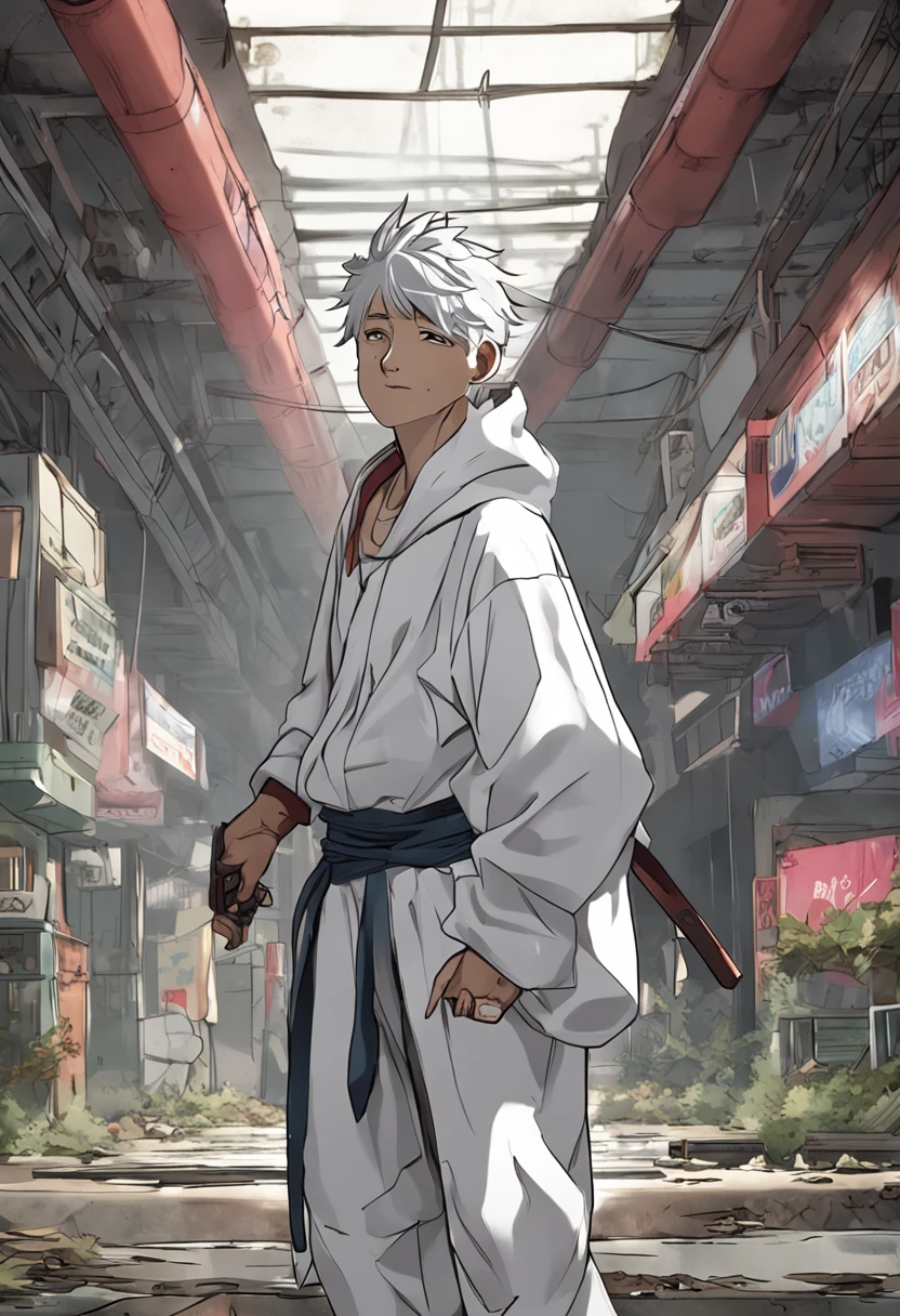 Gray-haired Japanese anime youth, VR glasses, On his back is a giant sword, White hoodie, short white pants, No beard tattoos