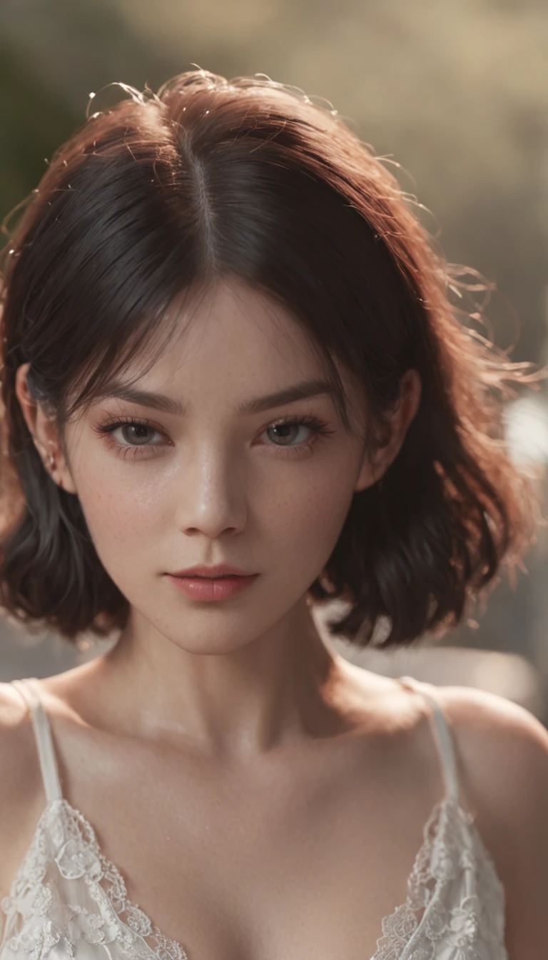1 girl,(long hair:1.1),(full body:1.3), (realistic:1.7),((best quality)),absurdres,(ultra high res),(photorealistic:1.6),photorealistic,octane render,(hyperrealistic:1.2), (photorealistic face:1.2), (8k), (4k), (Masterpiece),(realistic skin texture), (illustration, cinematic lighting,wallpaper),( beautiful eyes:1.2),((((perfect face)))),(cute),(black hair),(short hair),black eyes,red lips, goodlooking,perfect face, (lace dress:1.4),dark shadow,beam of light,glass,(brokenglass:1.34),maleperspective,lightblonde,water,filmlight,dark color,