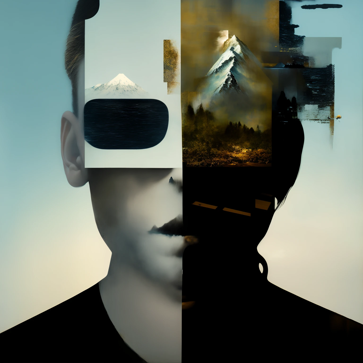 There is a man with a picture of a mountain and a lake in his head, Sergei Kolesov, por Robert Peak, por Kurt Roesch, Polilla Frank, Retrato de un chico retazos, Eric Lacombe, A contemporary artistic collage, Surrealismo abstracto, Casey Baugh y James Jean, por Thomas Bock, por Paul Davis, inspirado por Thomas Bock, Anton, ciego