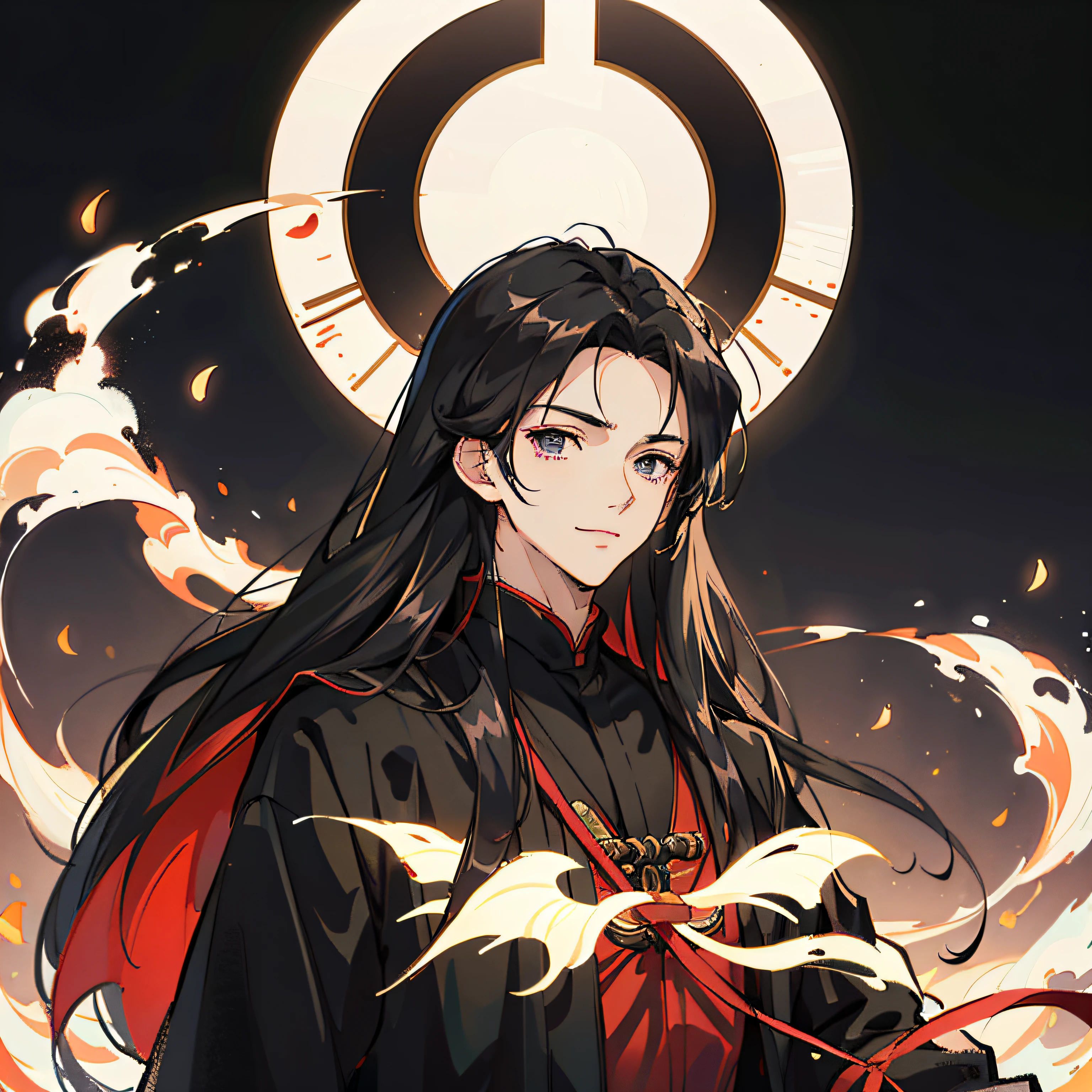 (Long-haired black-robed male character*1.1),figure portrait,Upper body body，(Anime handsome man+full-body wuxia:0.8),(Handsome anime pose+ssmile),Xianxia background,Ancient wind,Take a fan，Off-white background