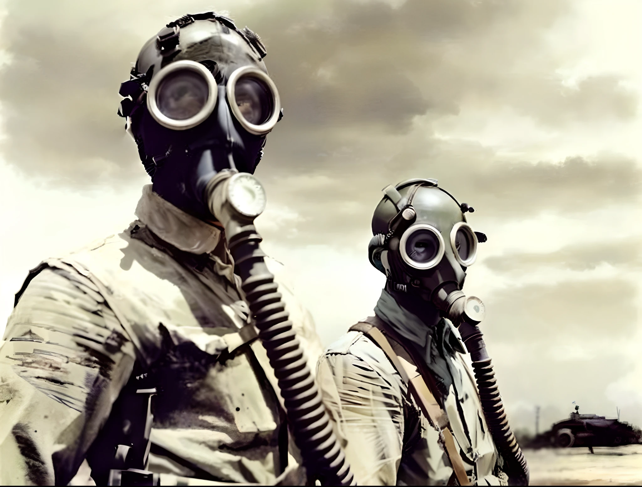 Two men wearing gas masks and gas masks stood side by side, Wear a gas mask helmet, wearing gas masks, two figures wearing gas masks, Skull and gas mask, dieselpunk style, world war ii military style,Dim tones