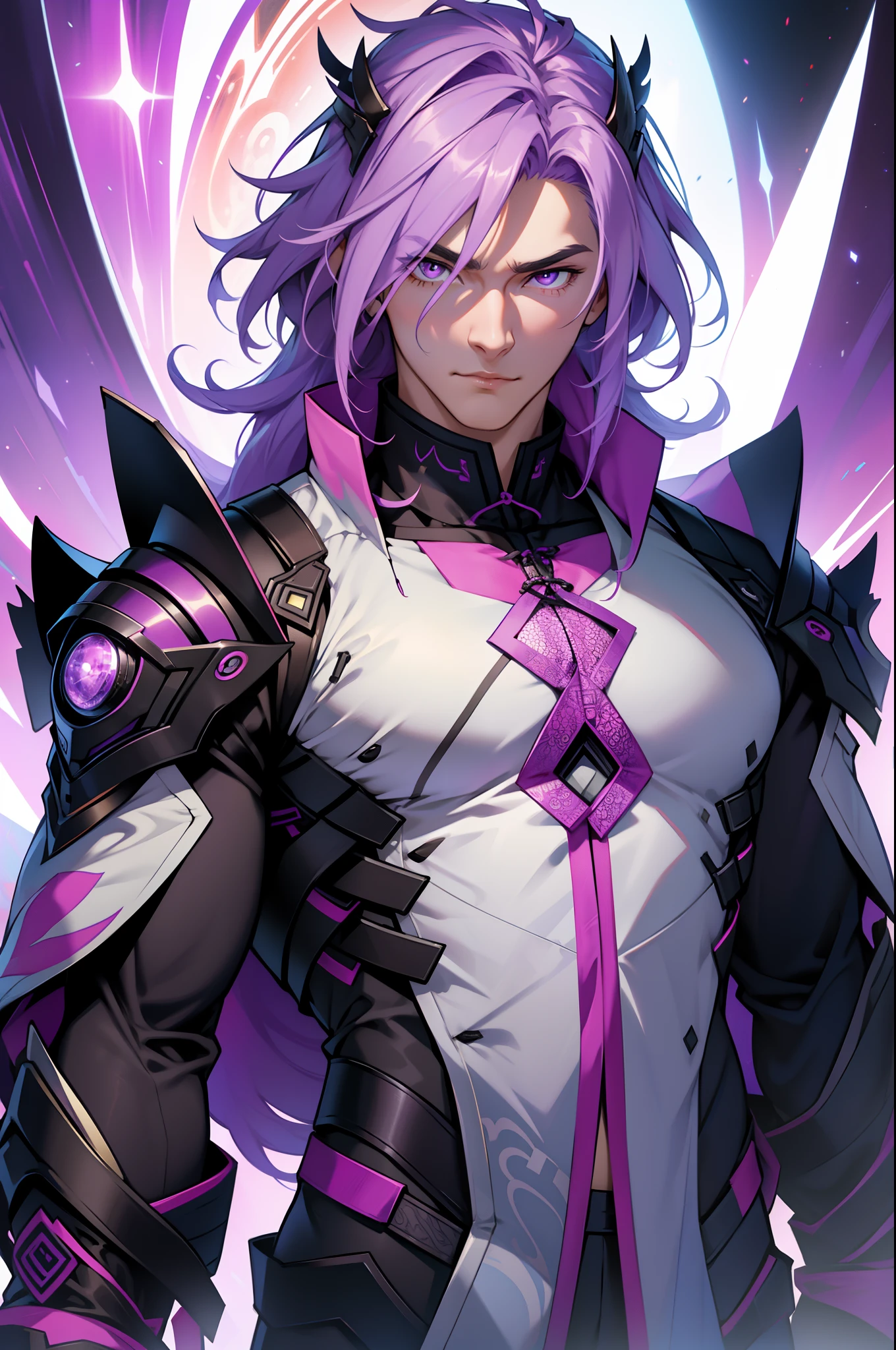 1 handsome guy， Strong， Light purple hair，Purple pupils，ultra - detailed， （s fractal art：1.4）， rich colourful， detailed back ground，（Fractals in the background：1.2），zhao yun，asymmetrical，Animal fur， hight contrast， Ray traching， cinmatic lighting， （Start from the front：0.6）