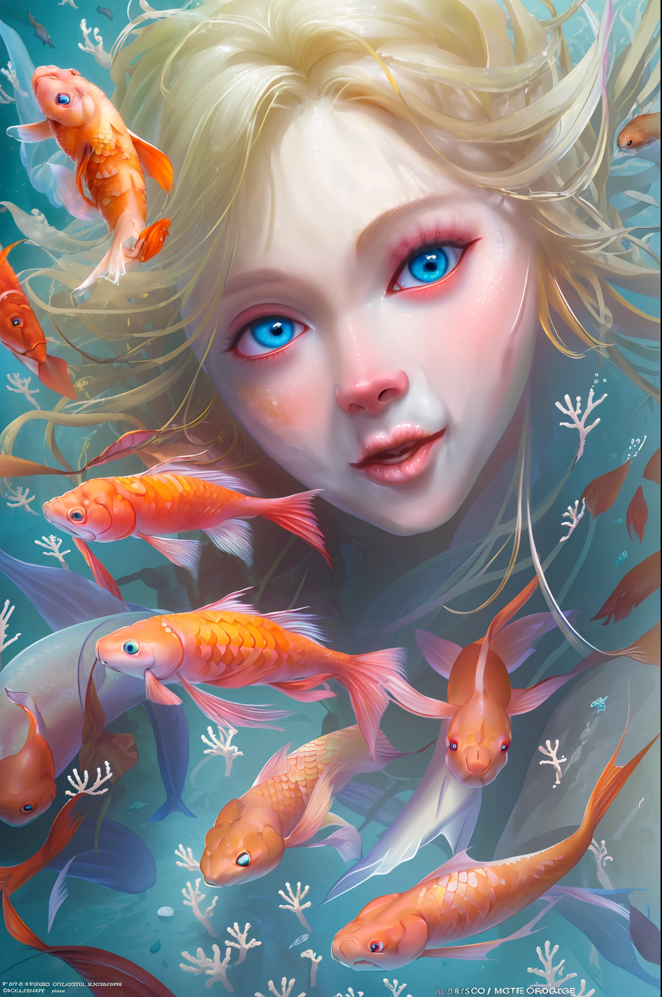 high details, best quality, 16k, RAW, [best detailed], masterpiece, best quality, (extremely detailed), full body, ultra wide shot, photorealistic, fantasy art, RPG art, D&D art, a picture of a mermaid swimming with koi fish under the sea, exqisite beautiful mermaid, ultra feminine (best details, Masterpiece, best quality), ultra detailed face (best details, Masterpiece, best quality), blond hair, pixie cut, blue eyes, white scales, undersea life, a [[flock of koi fish]] swimming (best details, Masterpiece, best quality) undersea background depths-fc, dim sun light from above High Detail, Ultra High Quality, High Resolution, 16K Resolution, Ultra HD Pictures, 3D rendering Ultra Realistic, Clear Details, Realistic Detail, Ultra High Definition