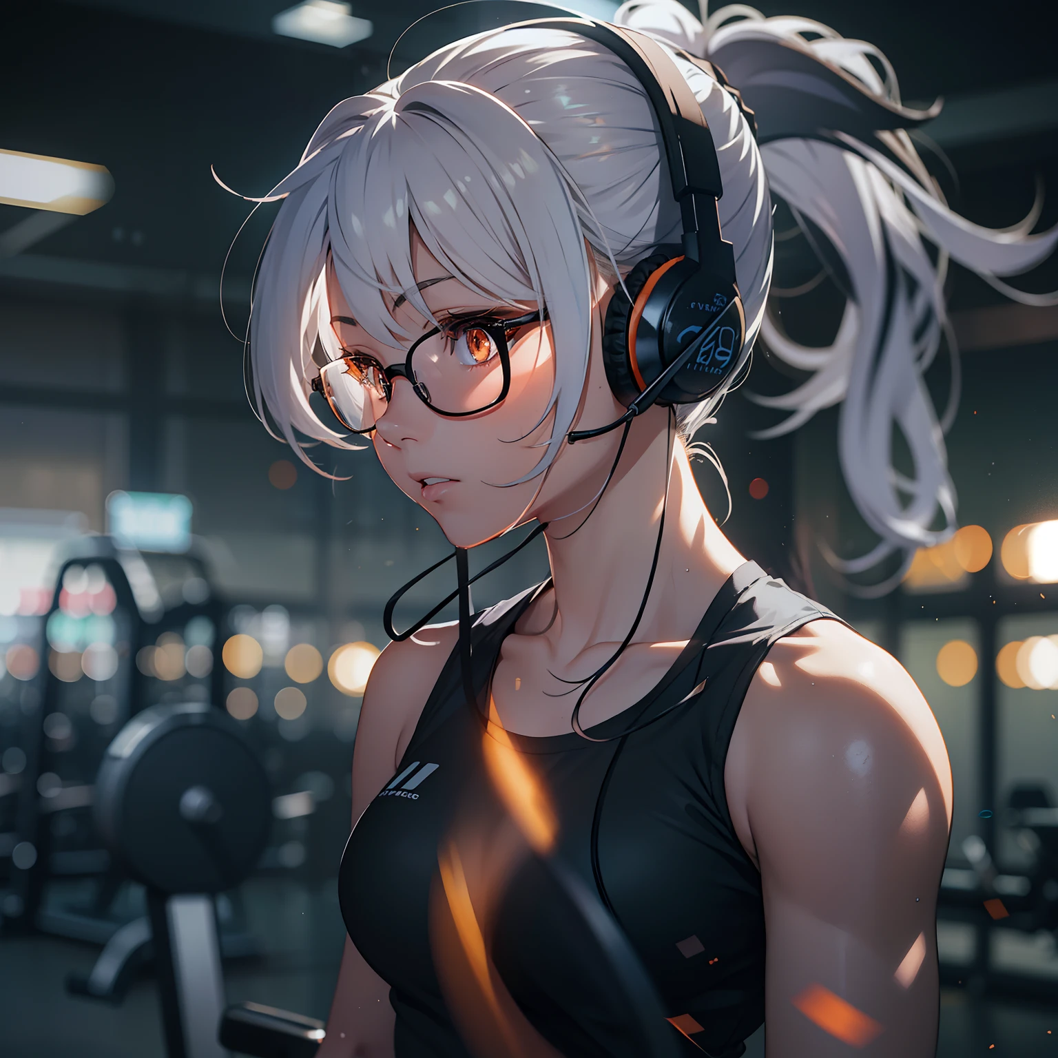 anime girl, glasses, gym clothes, muscular, orange eyes, sweating, exercising, backlight, headset, white hair, black shirt, blurred background, ponytail, bokeh, details