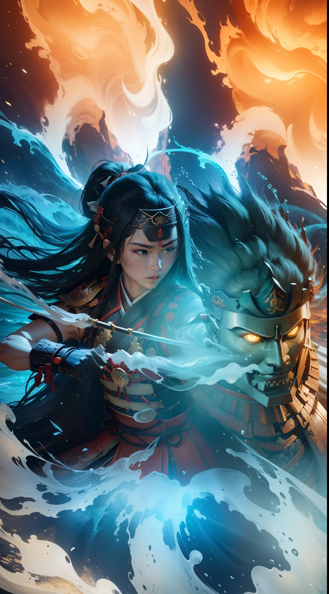 ,ember, holding palms together, Burning eyes, wearing a headband, Long hair, in samurai attire,in Japanese samurai costume Armor, giant thousand-armed Buddha statue, Water flows around it, Fire Effects, Mystical powers,8K quality, Rendering, hiquality, ultra detail, ultra realistis, RAW photo, 8k wallpaper, Masterpiece.