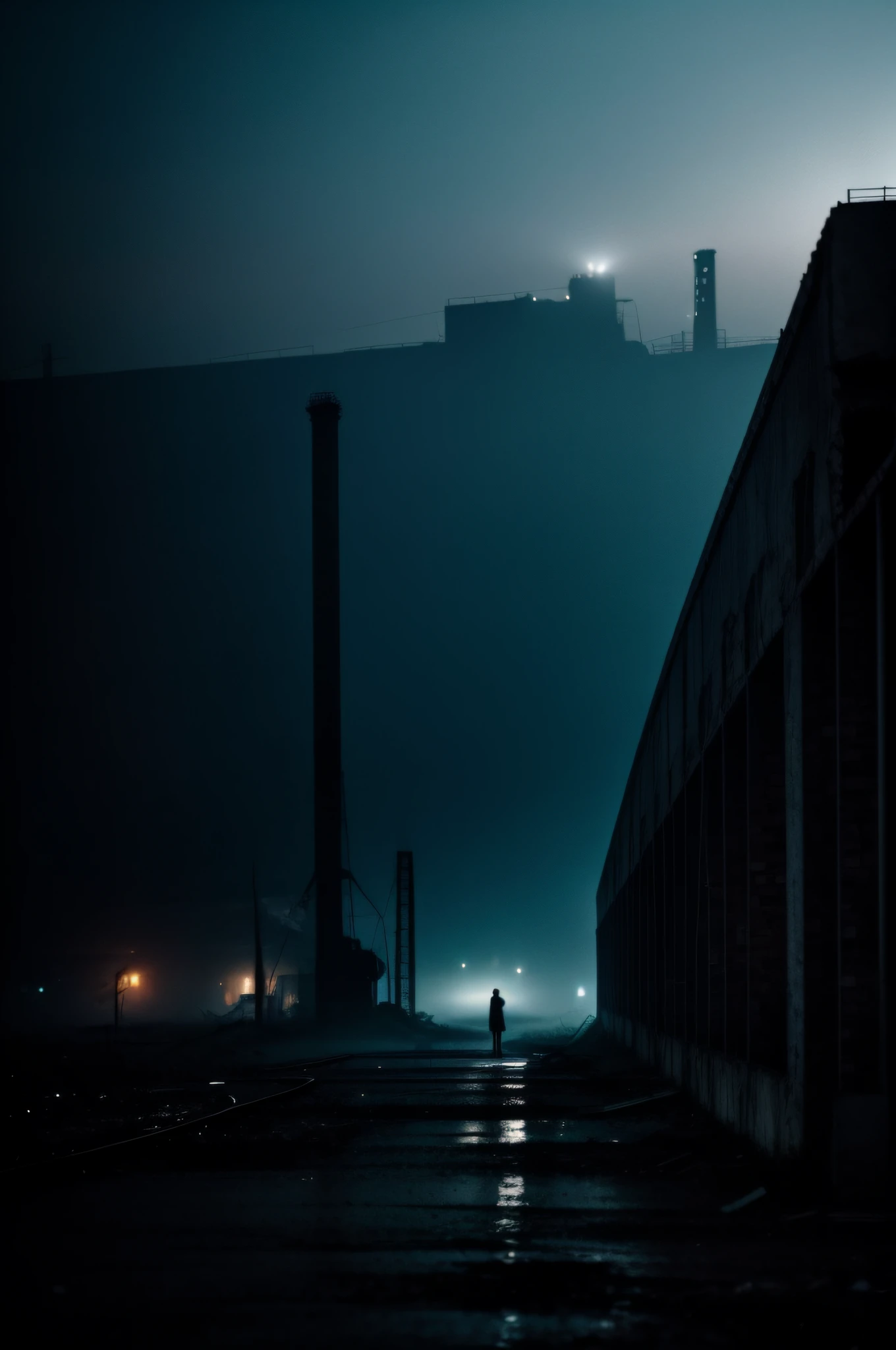 deep in the night、mid night、abandoned factory、Ruins、Only one light、Sad woman standing、Foggy、Nostalgic but unsettling photos、Images in a dream、uneasy、horor、terrifying、desolate、Pretty dark image、Grainy photo、Film Touch、color photograph、wide angles、wide-angle lens, Wide Shot, ultra wide-angle、