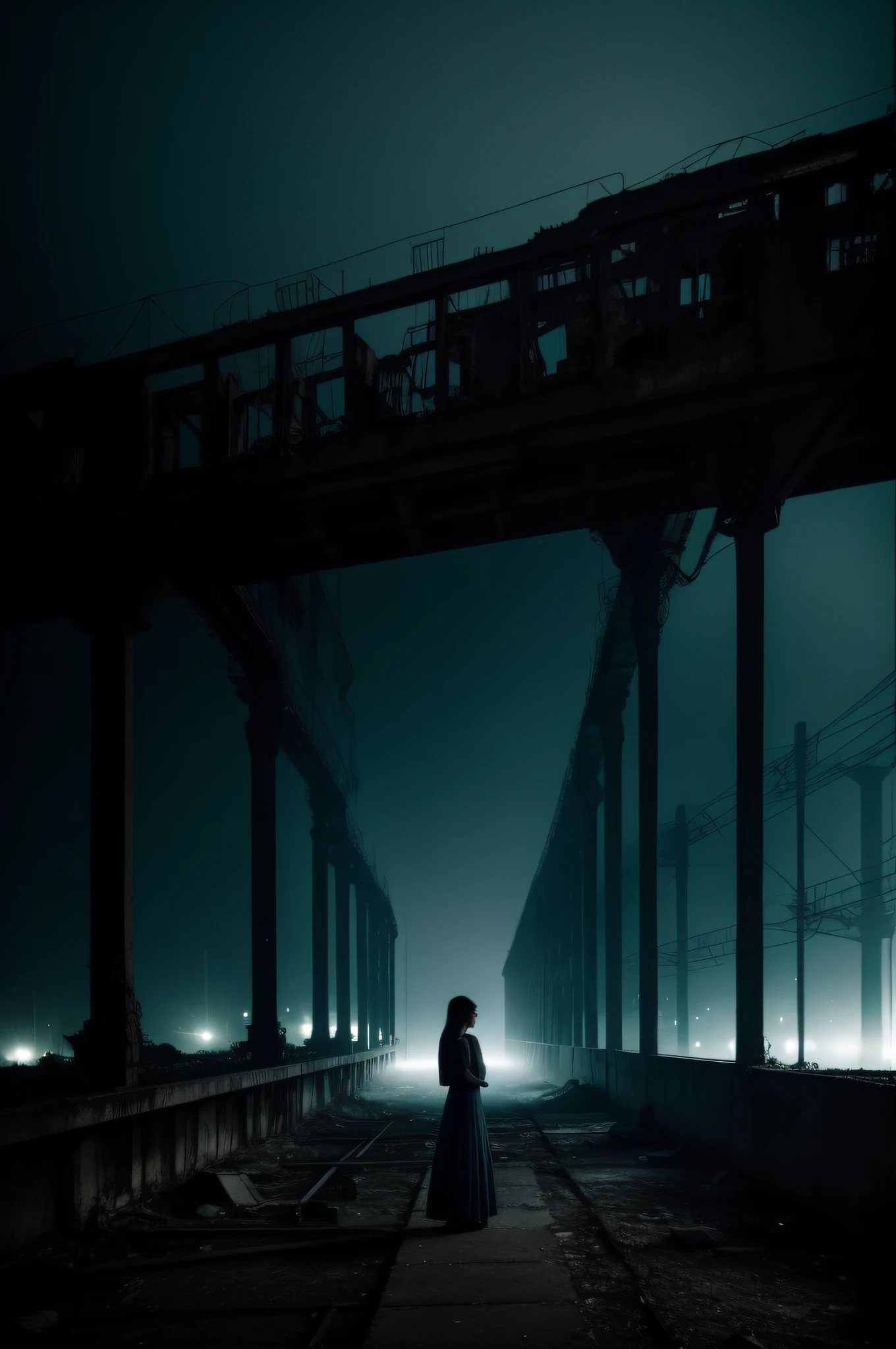 deep in the night、mid night、abandoned factory、Ruins、Only one light、Sad woman standing、Foggy、Nostalgic but unsettling photos、Images in a dream、uneasy、horor、terrifying、desolate、Pretty dark image、Grainy photo、Film Touch、color photograph、wide angles、wide-angle lens, Wide Shot, ultra wide-angle、