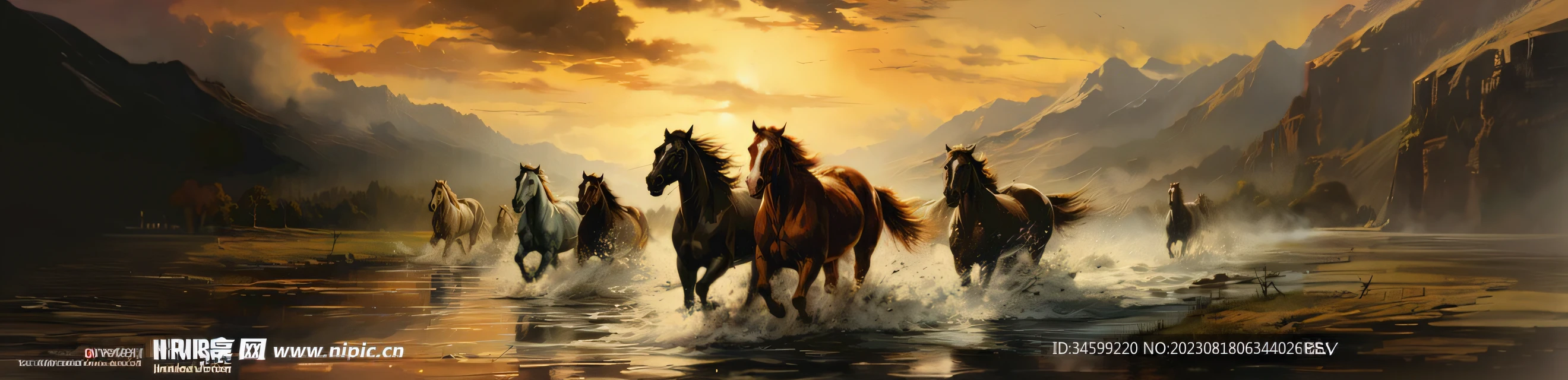 Horses running in the river,The background is mountains, inspired by mark keathley, Horses, inspired by John Frederick Herring, Sr., horses in run, Western art, majestic horses, author:Dexko Uzunov, wallpaper hd, High quality wallpaper, high quality art, beautiful art, by Yang J, inspired by John Frederick Herring, small.