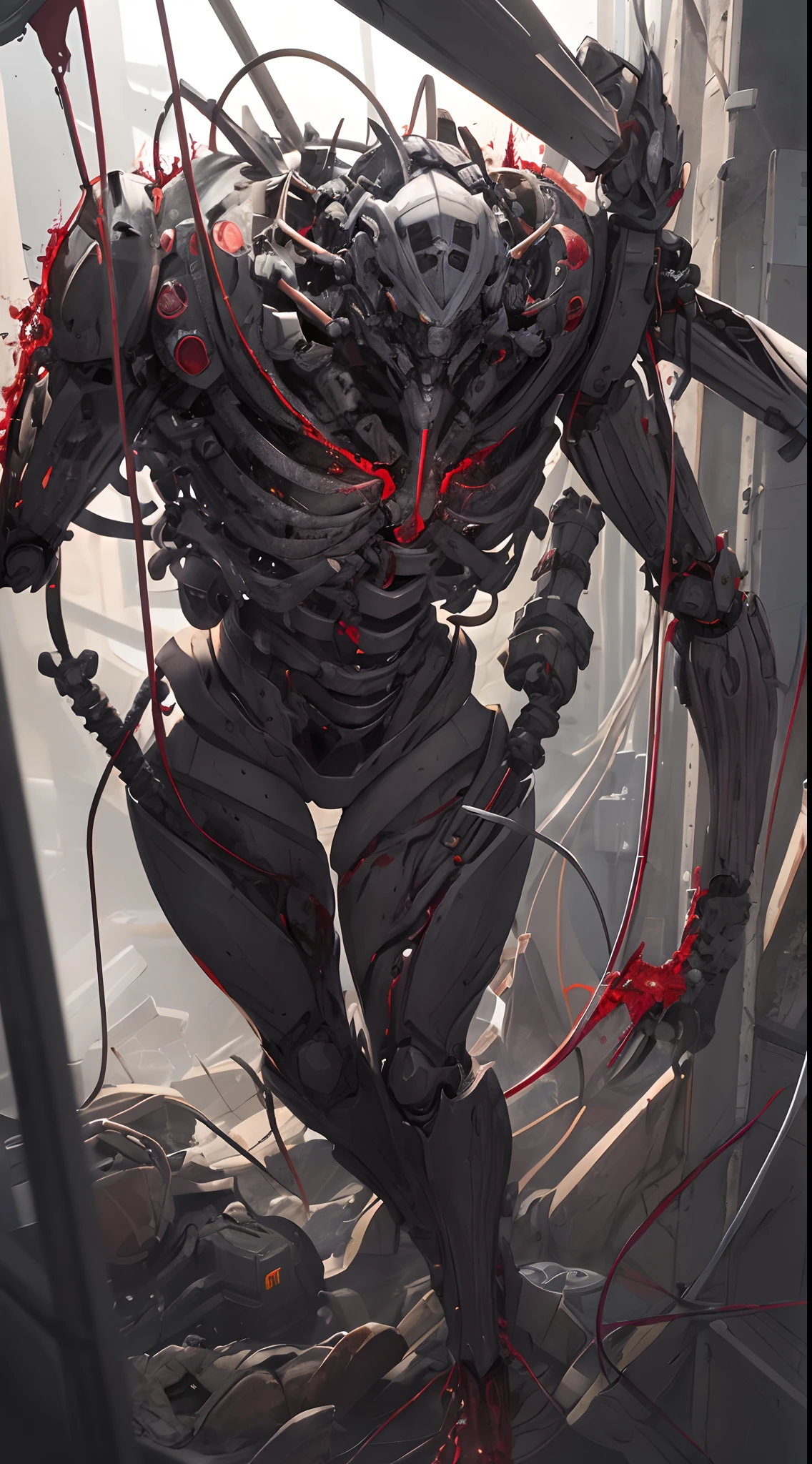 (((Masterpiece))), ((Best Quality)), (Super Detail), (CG Illustration), (Very Evil and Beautiful)), Cinematic Light, ((1 Mechanical Girl)), Single, (Mechanical Art: 1.4), ((Mechanical limb)), (Blood vessel attached to a tube), ((Mechanical spine attached to the back)), ((Mechanical cervical vertebrae attached to the neck), (Back to the viewer)), expressionless, ( Wires and cables attached to the head and body: 1.5), Science Fiction, Apocalypse, Ruins, (Lower Body Integrated with Mechanical Devices), (Blood: 1.5), Cruelty, Absurdity, Eroticism, Fusion with Machines, Doomsday Time, Super Future, Inorganic, Laboratory, Restraint, (Beautiful Indulgence: 1.2), (1 Girl: 1.3), Body Wrapped Around Mechanical Tentacles