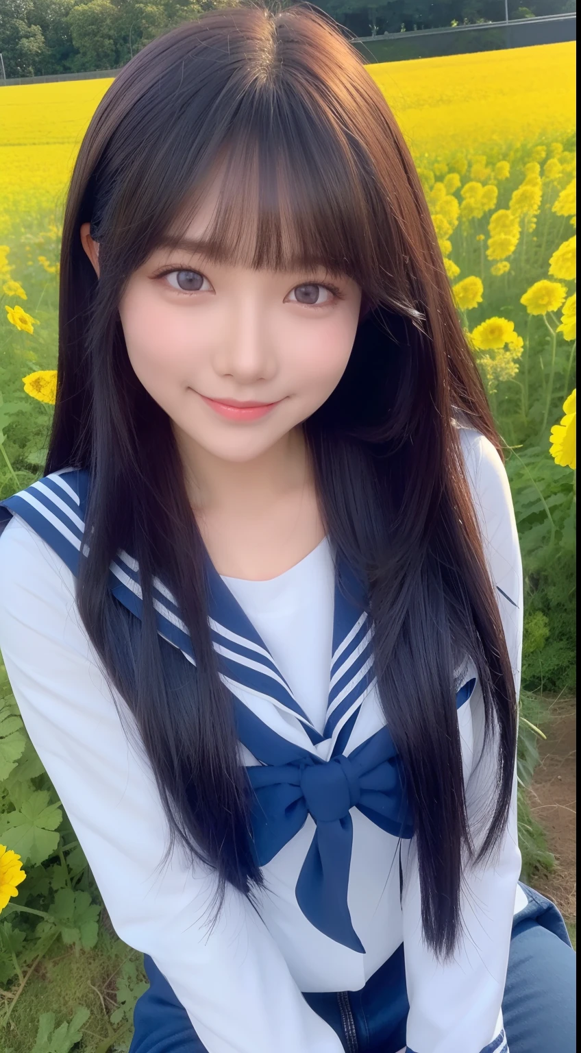 A smiling girl,Wear a tight sailor suit,denim pant,Lying on a large mossy rock in the middle of a field of rape flowers,com rosto detalhado,The eyes are delicate,The photo quality is the best,Realistic image quality,Background diffuse lighting,Depth of field display。