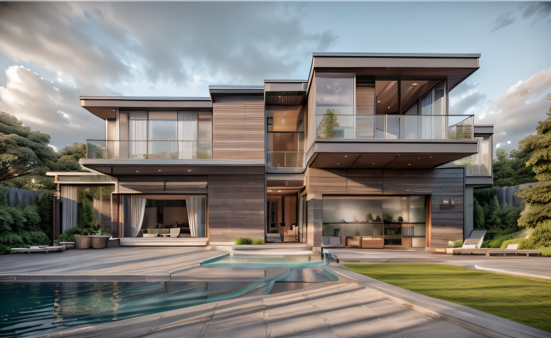 the exterior of the house; garden landscape, a pool with clear water, daytime, realistic, wide angle, (( render vray )), cloudy sky, morning, sunlight, European plants, render, spring light, detailed, modern style, clear image, glasses, high reflection, RAW photo, (high detailed skin:1.2), 8k UHD, DSLR, soft lighting, high quality, film grain, Fujifilm XT3