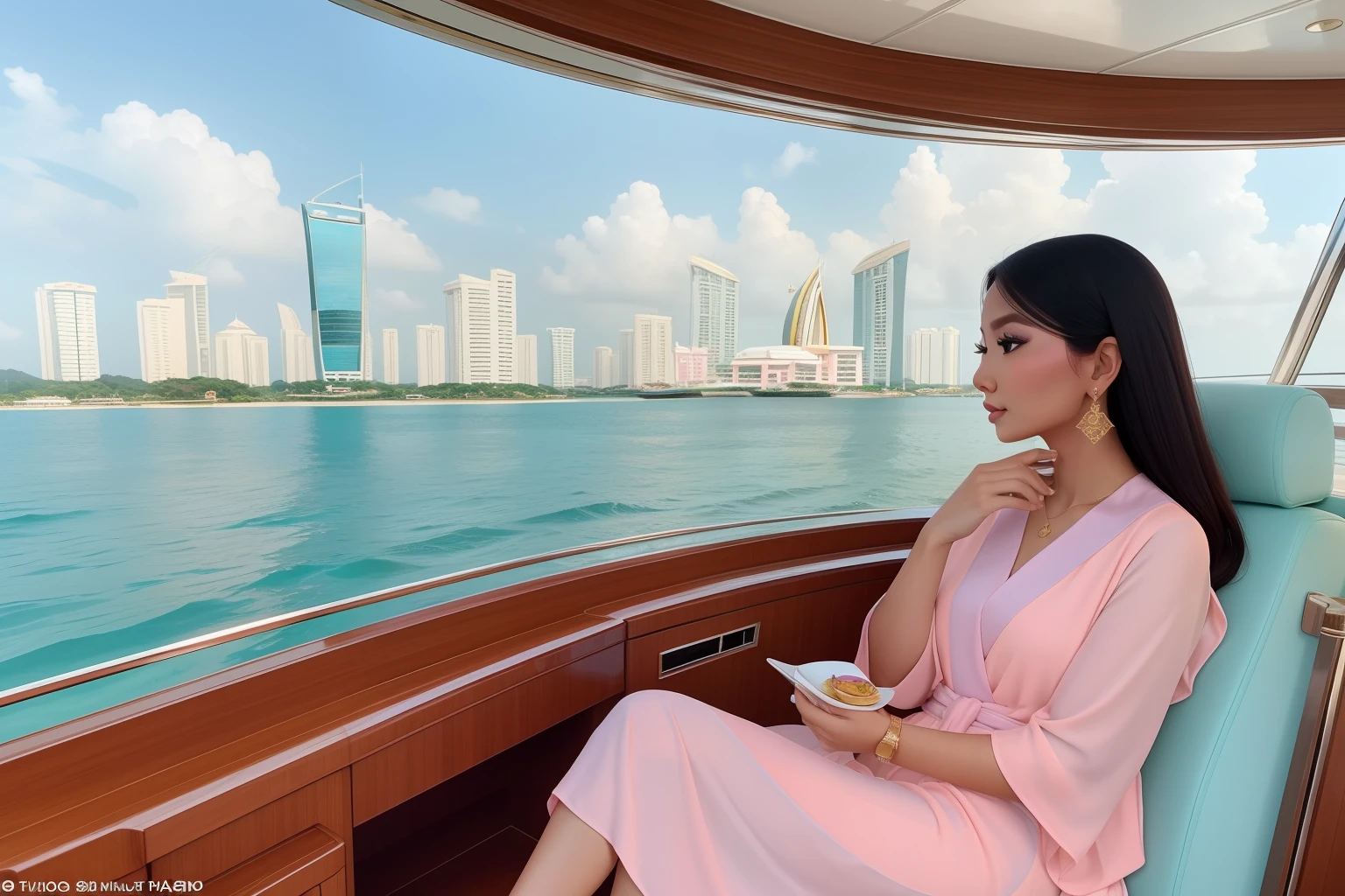 Date: 2021
Country: Brunei
Description: An affluent adult, draped in elegant pastel attire, enjoys a leisurely afternoon on a yacht along the Brunei Bay, savoring the opulent view of the city's skyline.