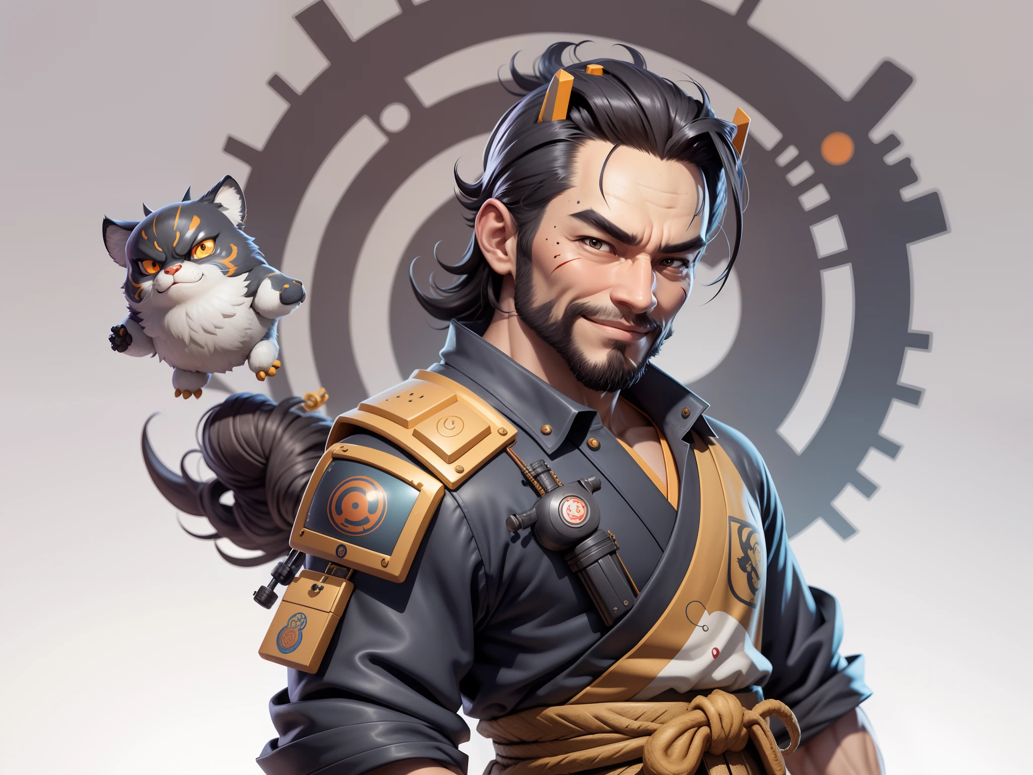 (Daisaku),(Need),(Super meticulous),(full bodyesbian:1.2),Super young man with Japanese geisha,Beautiful,orient,one tiger,Aeolian Thor,Raised sexy,爆乳,Oriental face,TV Anchor,Bust portrait illustration,In black suit,a blue tie,The face is slightly chubby,The face was clean,without a beard,Black super short hair,Black eyes,Smile confidently,3C computer sub-products,iPad, iphone,Digital painting,3D character design by Mark Clairen and Pixar and Hayao Miyazaki and Akira Toriyama,The illustration is a high-definition illustration in 4K resolution,With very detailed facial features and cartoon-style visuals。