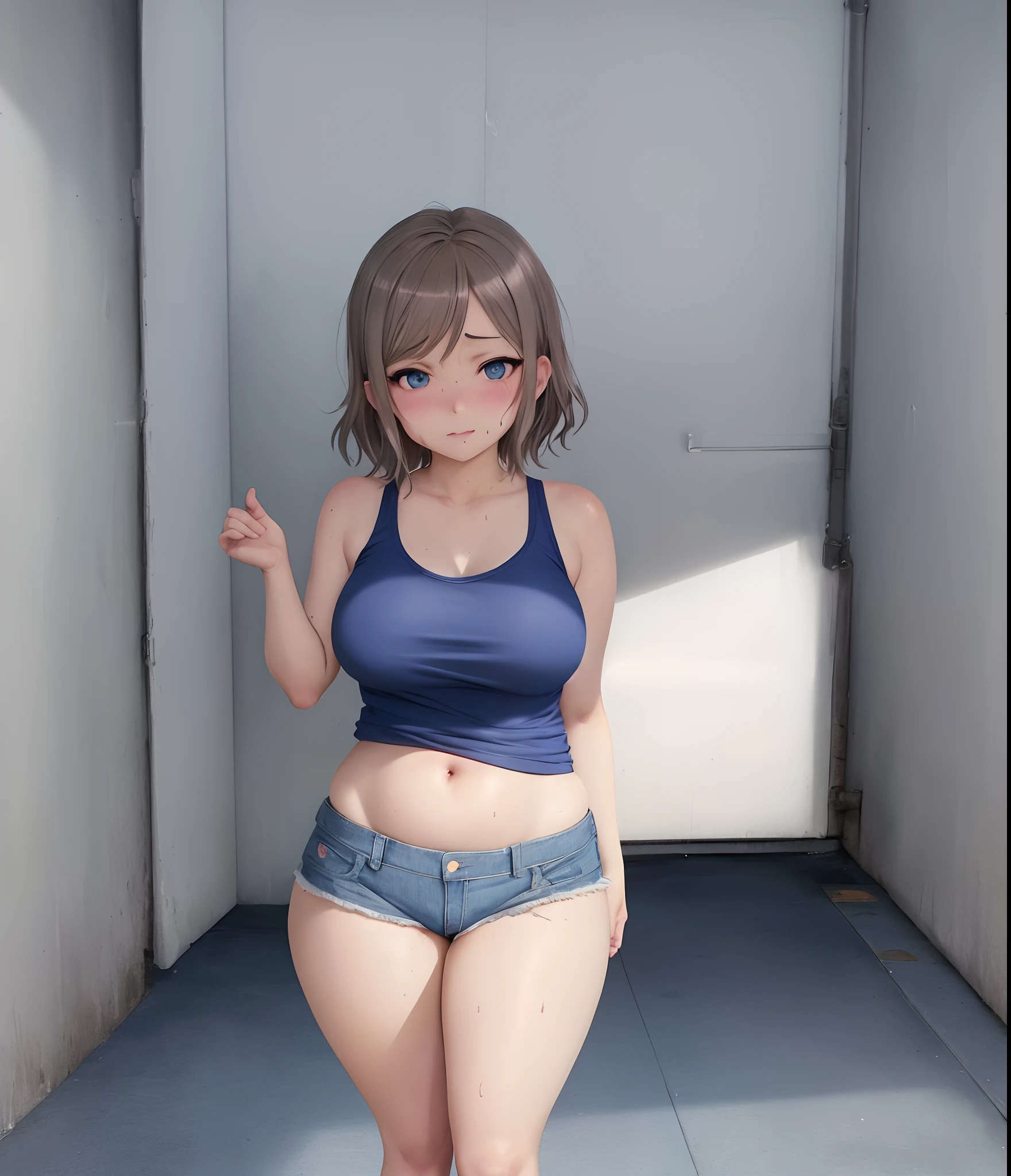 Watanabe you, blue eyes, short denim short, football tank top,(midriff:0.7), looking at viewer,(big breasts:0.8), solo, standing, (pov from below), sweating, solo,(cowboy shot) , thicc thighs,thicc stomach, curvy body, llchar, hentai style