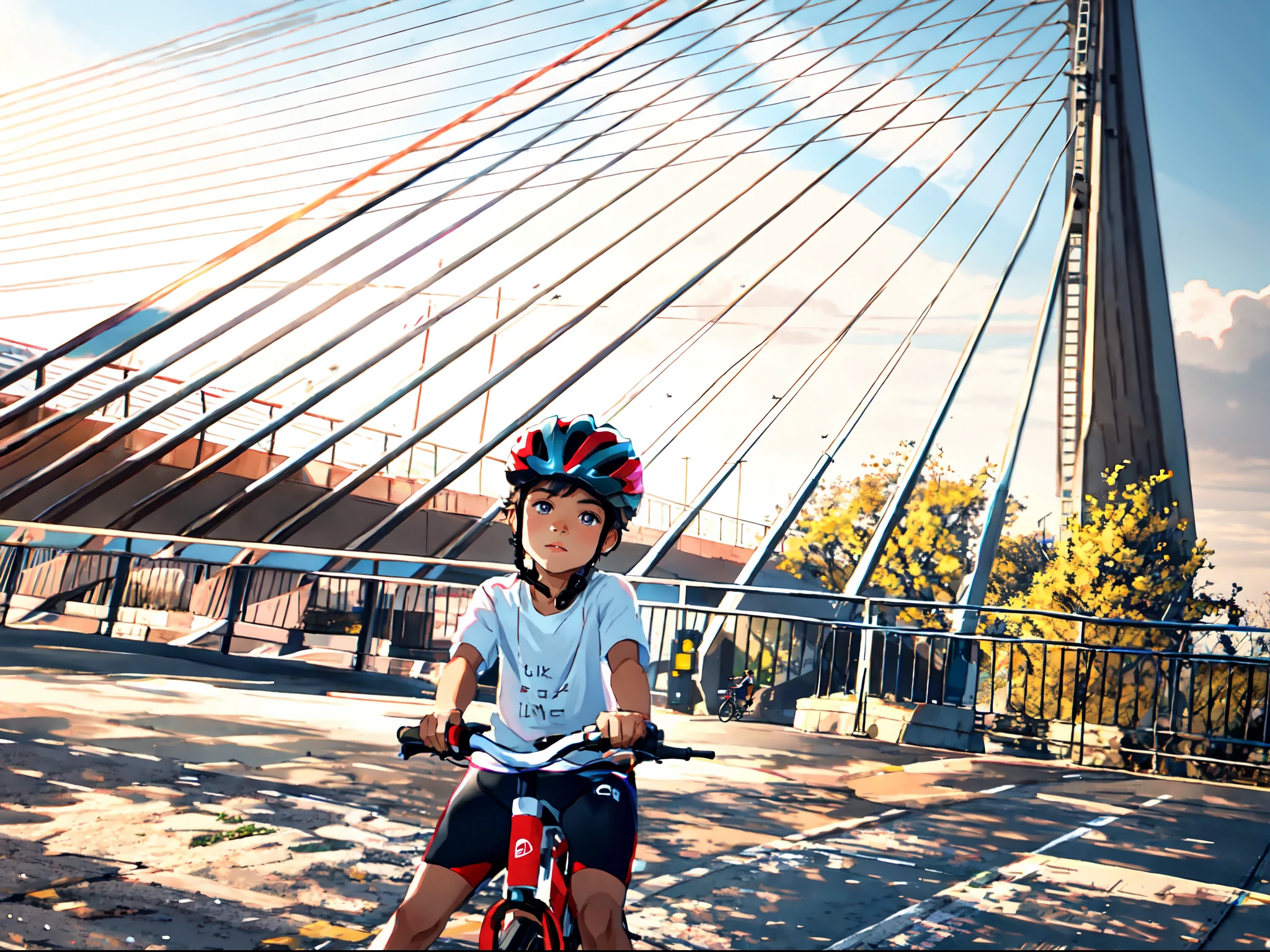 arafed boy on a tricycle in front of a bridge, shot with iphone 1 0, calatrava, portrait!!, shot on iphone 1 3 pro max, riding a bike, taken on iphone 14 pro, captured on iphone, cycling!!, shot on iphone 1 3 pro, taken on iphone 1 3 pro, connected with hanging bridge!!, portrait!!!