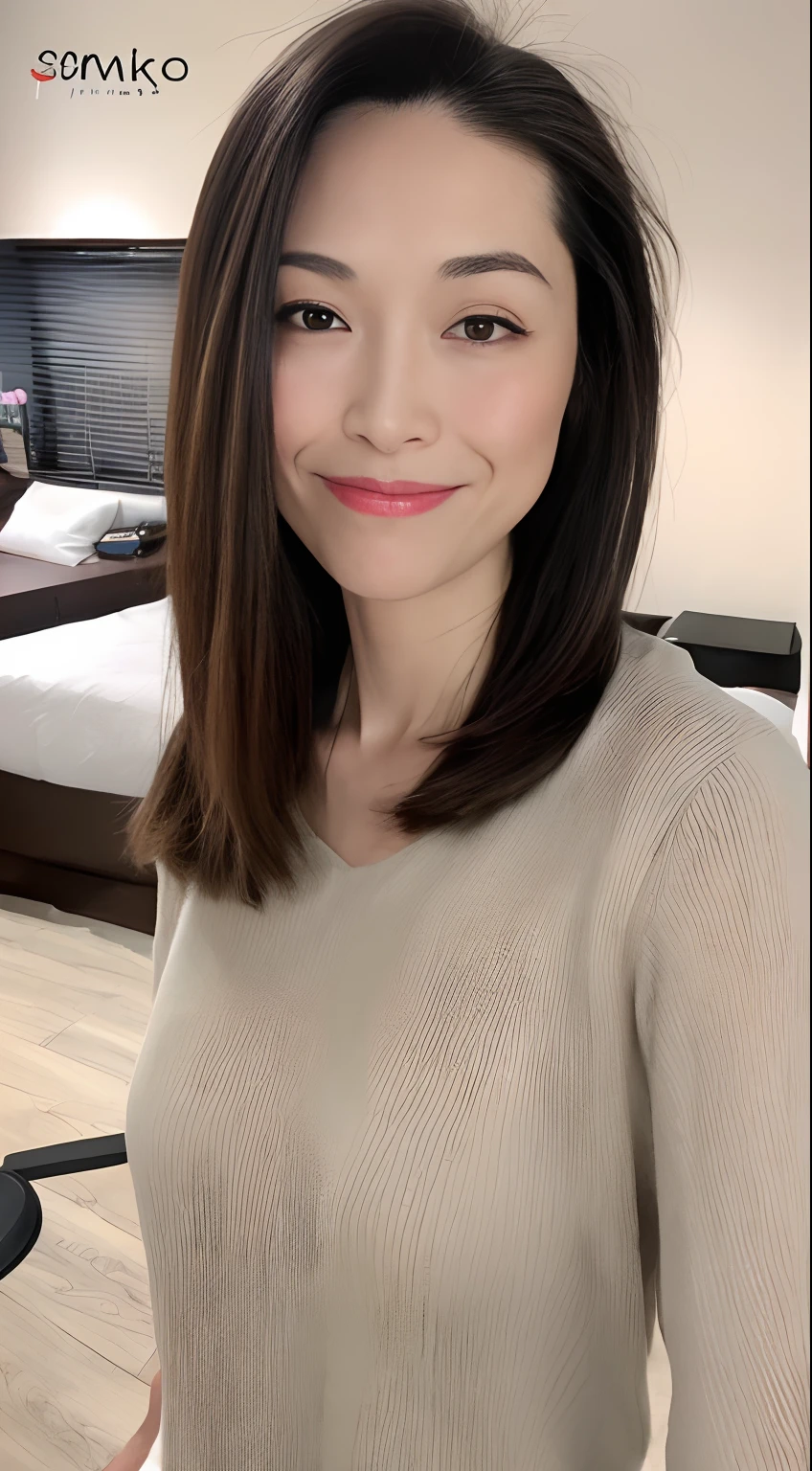 ((Best Picture Quality, 8k, tmasterpiece:1.3)), 1girl, Beautiful woman with slender abs:1.3, (Casual hairstyle, Leaky big breasts:1.2), shift dresses:1.1, Ultra-fine face,Open the , A detailed eye, 二重まぶた,ssmile,Home