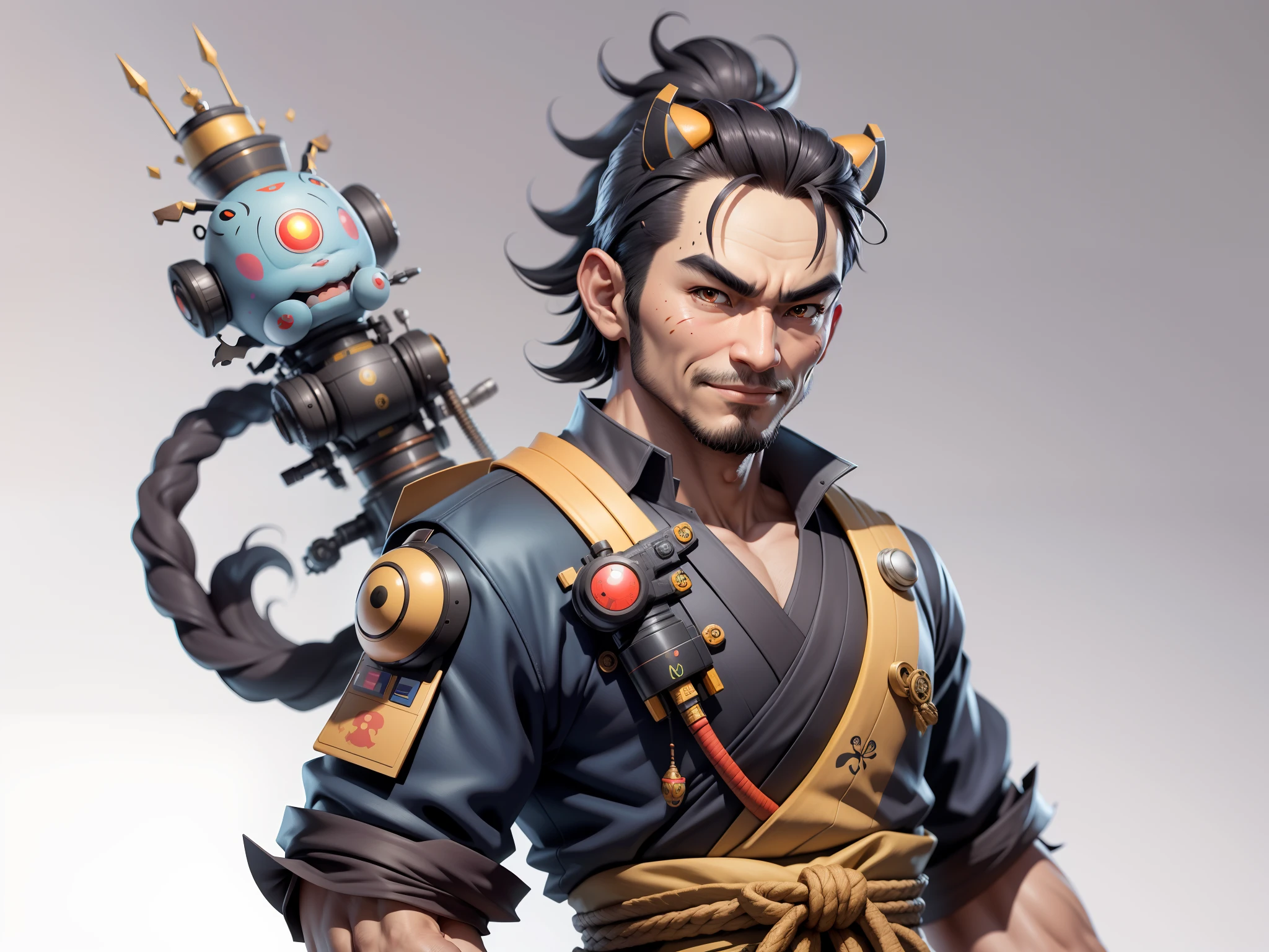(Daisaku),(Need),(Super meticulous),(full bodyesbian:1.2),Super young man with Japanese geisha,Beautiful,orient,one tiger,Aeolian Thor,Raised sexy,爆乳,Oriental face,TV Anchor,Bust portrait illustration,In black suit,a blue tie,The face is slightly chubby,The face was clean,without a beard,Black super short hair,Black eyes,Smile confidently,3C computer sub-products,iPad, iphone,Digital painting,3D character design by Mark Clairen and Pixar and Hayao Miyazaki and Akira Toriyama,The illustration is a high-definition illustration in 4K resolution,With very detailed facial features and cartoon-style visuals。