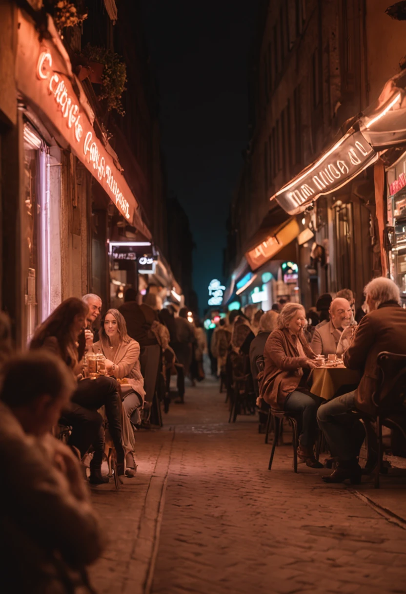 Neon Street, Beautiful signage, the night, group of people, At meal, chiaroscuro, lens flare, UHD, highres