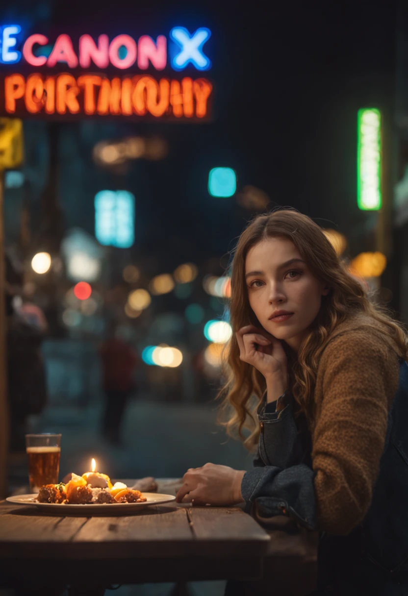 Neon Street, Beautiful signage, the night, group of people, At meal, chiaroscuro, lens flare, UHD, highres