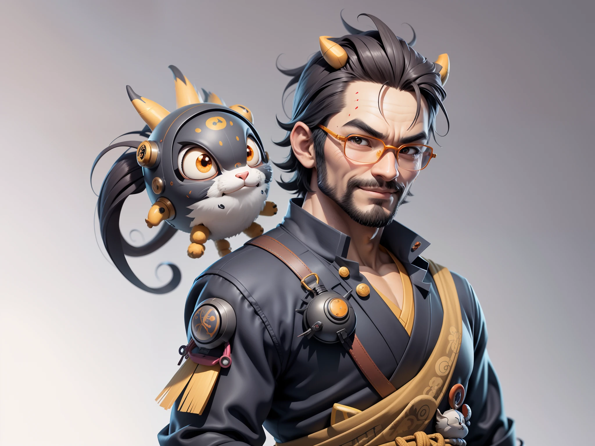 (Daisaku),(Need),(Super meticulous),(full bodyesbian:1.2),Super young man with Japanese geisha,Beautiful,orient,one tiger,Aeolian Thor,Raised sexy,爆乳,Oriental face,TV Anchor,Bust portrait illustration,In black suit,a blue tie,The face is slightly chubby,The face was clean,without a beard,Black super short hair,Black eyes,Smile confidently,3C computer sub-products,iPad, iphone,Digital painting,3D character design by Mark Clairen and Pixar and Hayao Miyazaki and Akira Toriyama,The illustration is a high-definition illustration in 4K resolution,With very detailed facial features and cartoon-style visuals。