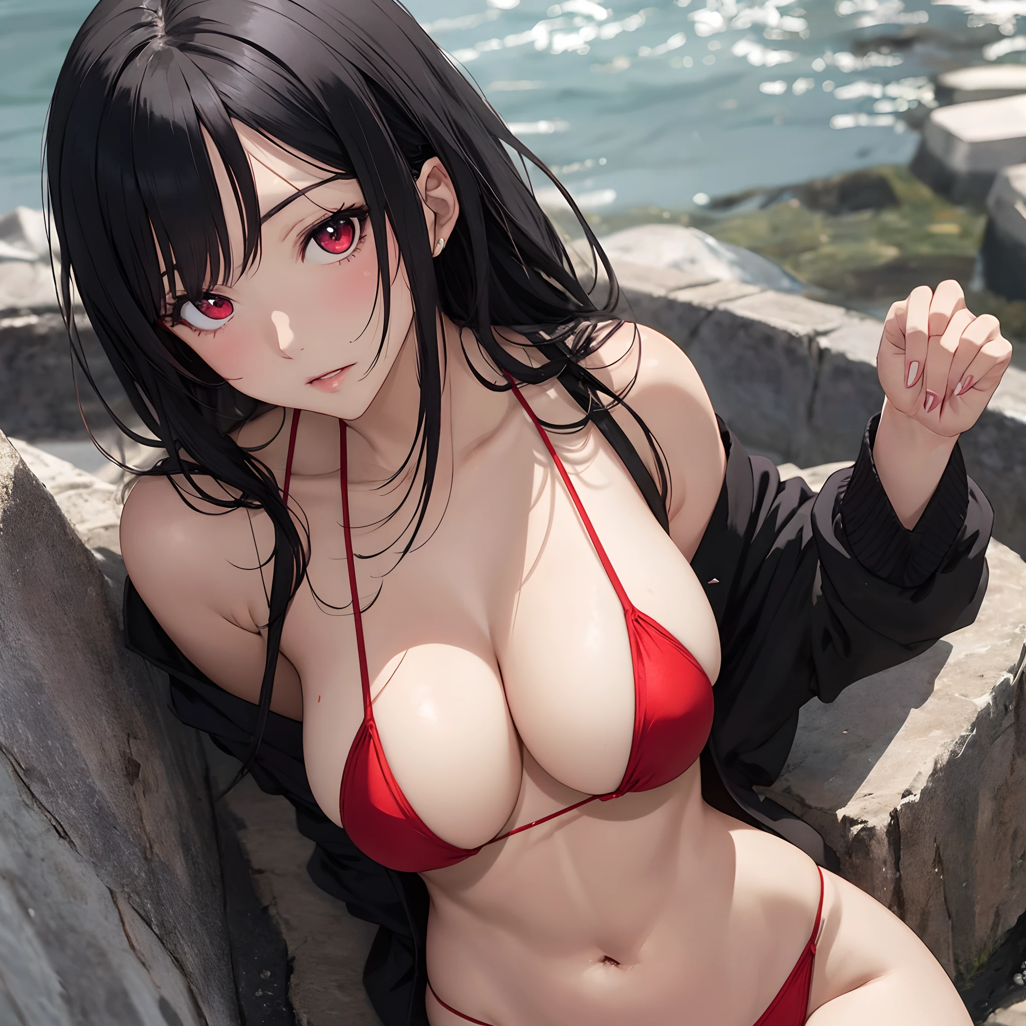Anime, adult woman, black hair, red eyes, big breast, micro bikini,