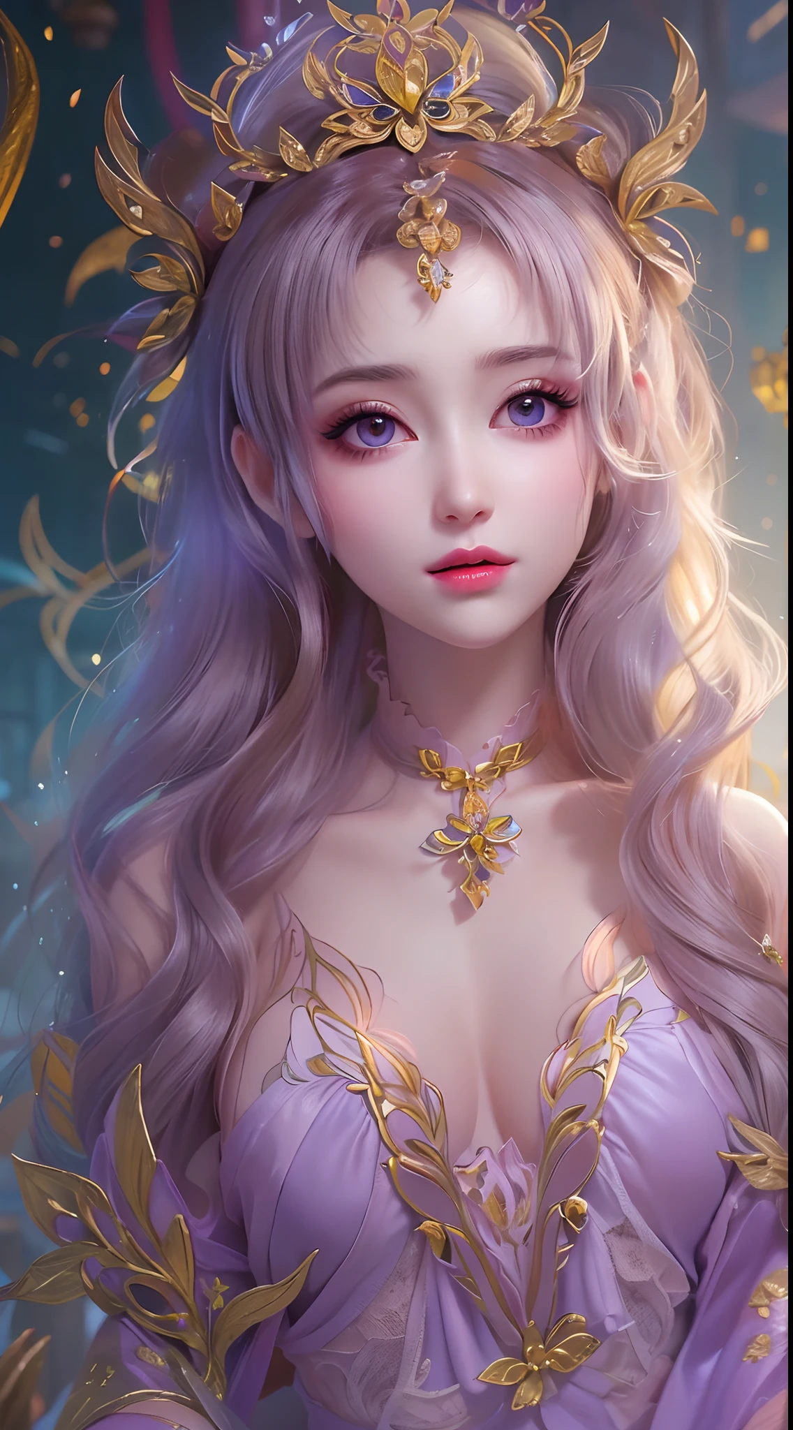 1 20 year old girl, 1 goddess Athena, pink purple silk dress, beautiful goddess Athena face without blemishes, delicate yellow nightgown, long thin sequin nightgown with many sexy black lace details, female saint legend, female saint icon, beautiful goddess style glitter, dark and mysterious version, vermilion lips, plump red lips, not smiling, mouth closed, detailed and delicate images beautifully, delicate and beautiful lip detail, (pure and flawless face: 1.9), female saint body, big boobs, Breast augmentation, breasts are round and regular, phoenix brooch, long flat bangs, ((double ponytail: 0.9)), flower stickers tattoo on forehead, beautiful clear face and well-proportioned eyes, (light purple eyes: 1.8), (big round eyes and makeup, sexy wet eye makeup, very beautiful and meticulous hair makeup, long and delicate blonde hair, delicate, body image: 1.8), figure: and vivid, (stars that make up the sky: 1.7), (the sky of heaven and the fictitious gate of time and space: 1.8), fictional art, RAW photos, hanfu photos, best photos, high resolution, best quality, best photos, best goddess quality, 8k female, super 8 single saint portraits, truest color schemes, masterpieces, best beauty brands, best hair jewelry, brand real photo, dark studio, border light, two-tone lighting, (rose white skin: 1.4), (high skin detail: 1.1), 8k uhd, d slr, soft light, 8k, high quality, candid, volume Smooth and sharp, 10x pixel increase, sexy goddess, sexy goddess, (background space: 1.8), (most beautiful aurora eyes: 1.7), beautiful eyes, aurora beautiful and flowery, (beautiful single girl: 1.8), (more details:0.8),