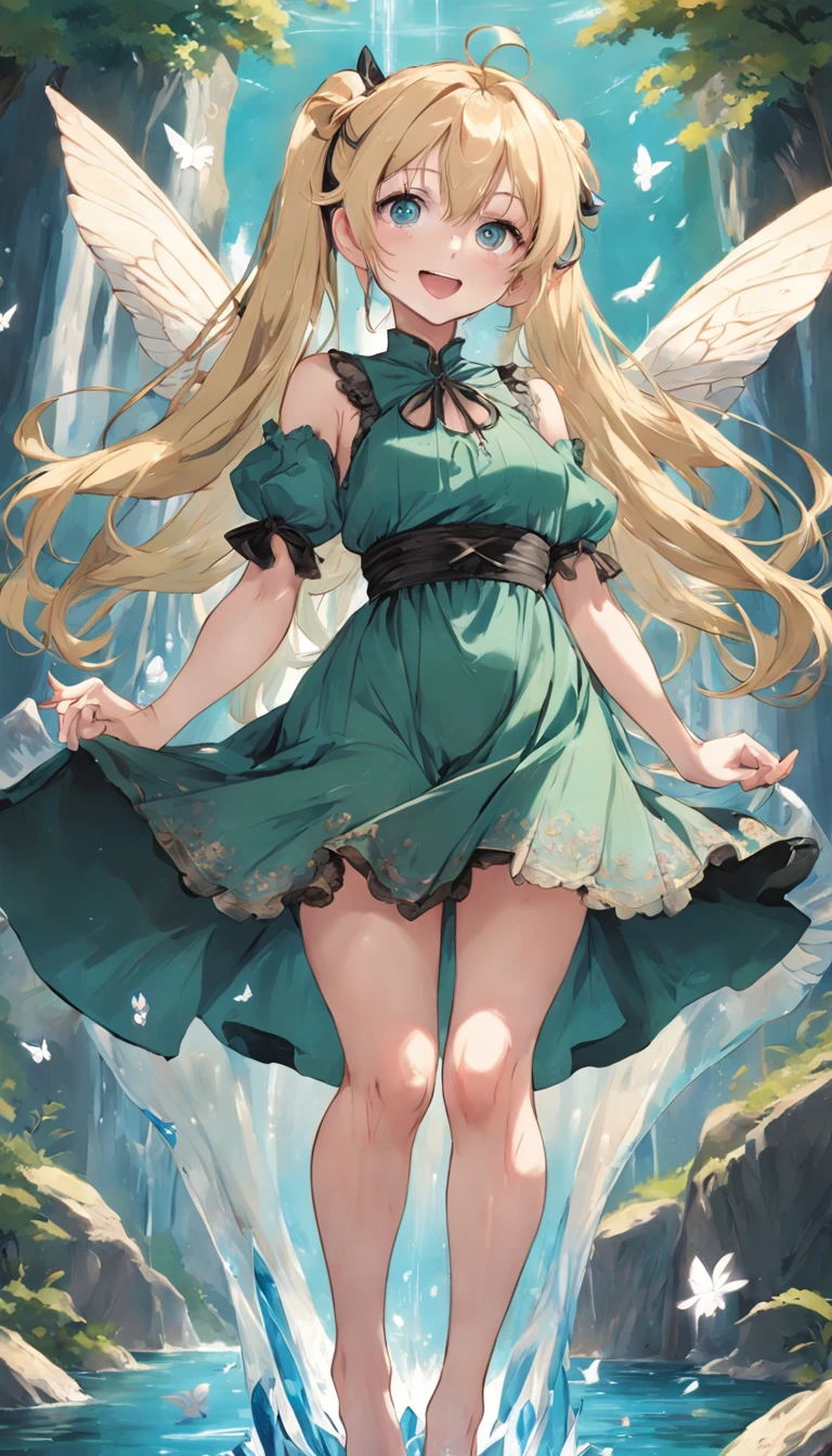 Blonde beautiful girl with double ponytail，Green with a hint of blue eyes，Black belly，bare-legged，Intricate and delicate dress，Tarot cards in hand，Sticking out his tongue and smiling playfully，full bodyesbian，The calves are tied with ribbons，Butterflies flew around，Treading barefoot in the water