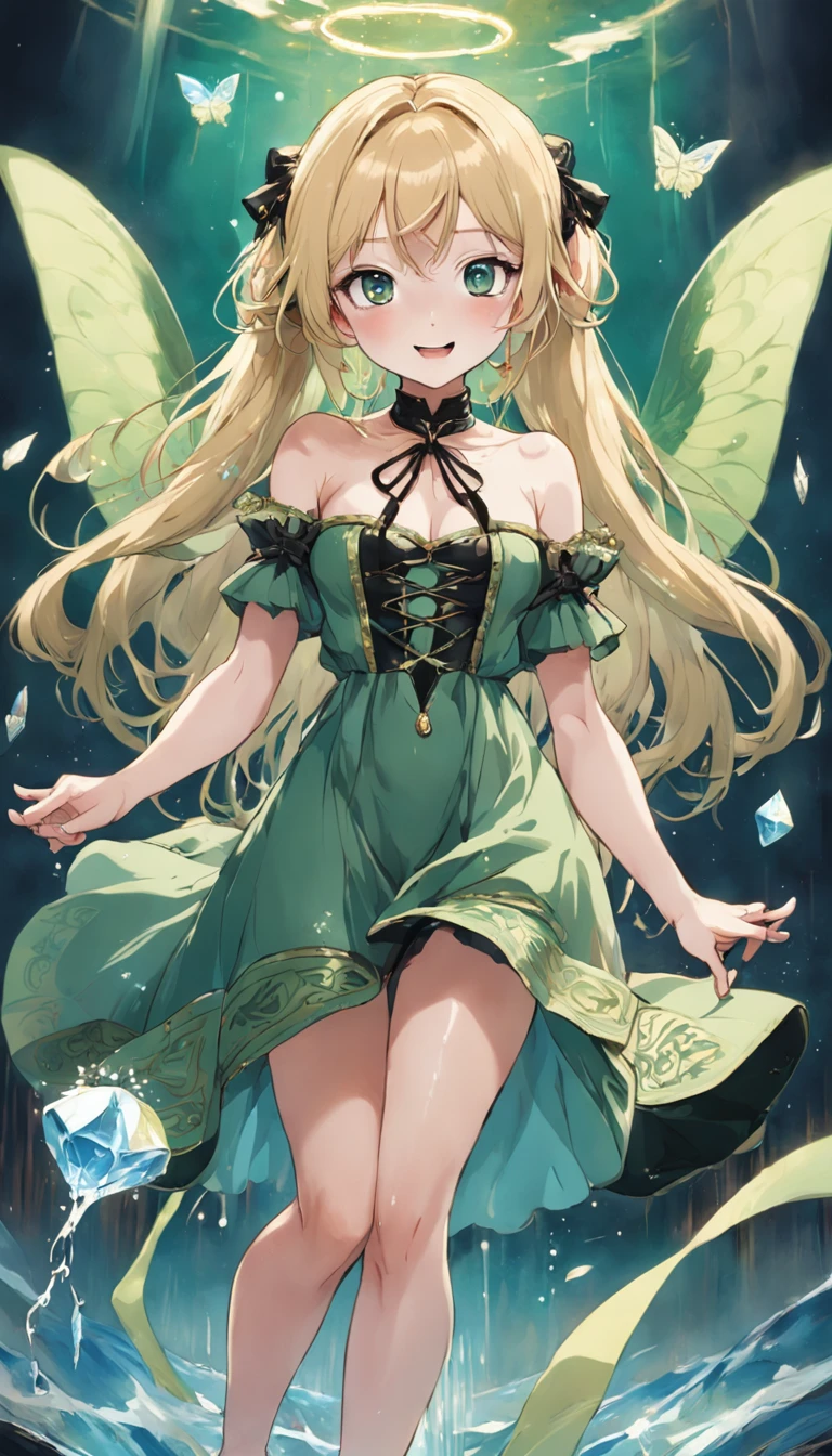 Blonde beautiful girl with double ponytail，Green with a hint of blue eyes，Black belly，bare-legged，Intricate and delicate dress，Tarot cards in hand，Sticking out his tongue and smiling playfully，full bodyesbian，The calves are tied with ribbons，Butterflies flew around，Treading barefoot in the water