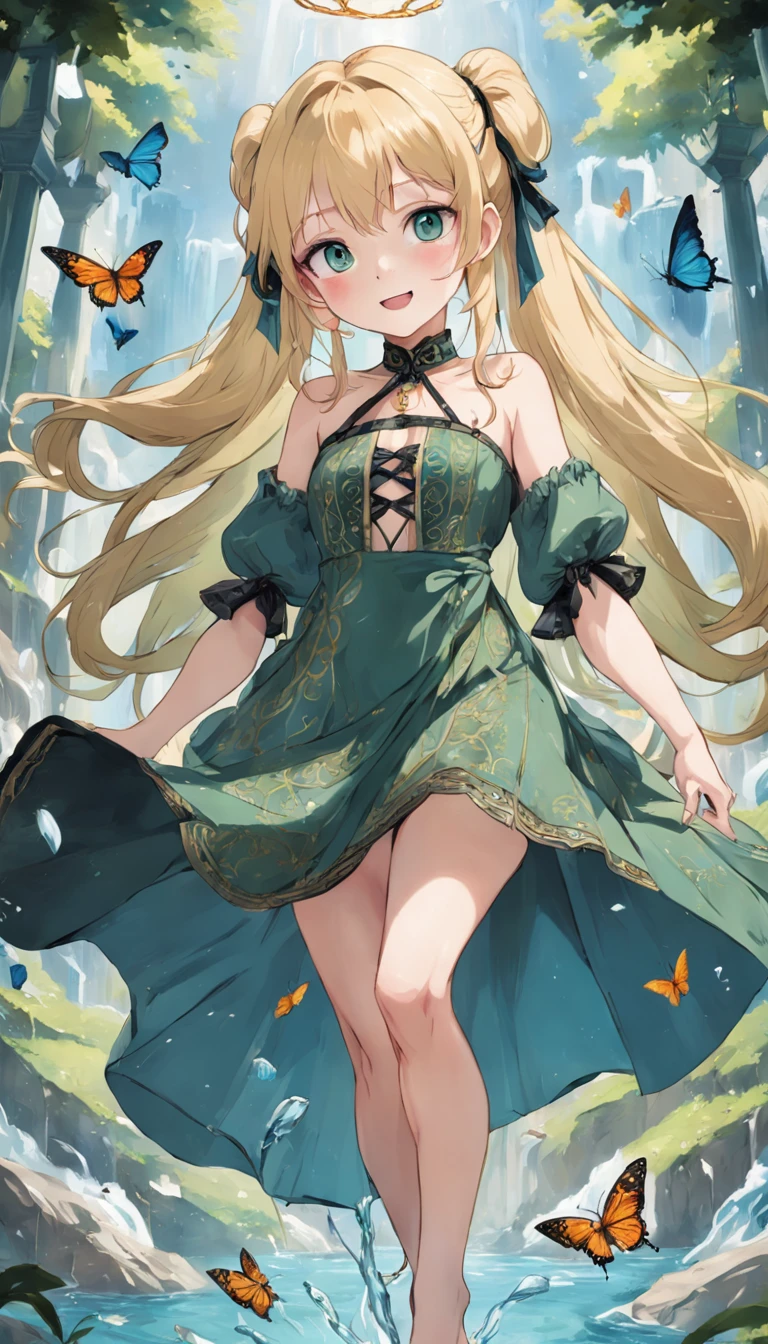 Blonde beautiful girl with double ponytail，Green with a hint of blue eyes，Black belly，bare-legged，Intricate and delicate dress，Tarot cards in hand，Sticking out his tongue and smiling playfully，full bodyesbian，The calves are tied with ribbons，Butterflies flew around，Treading barefoot in the water