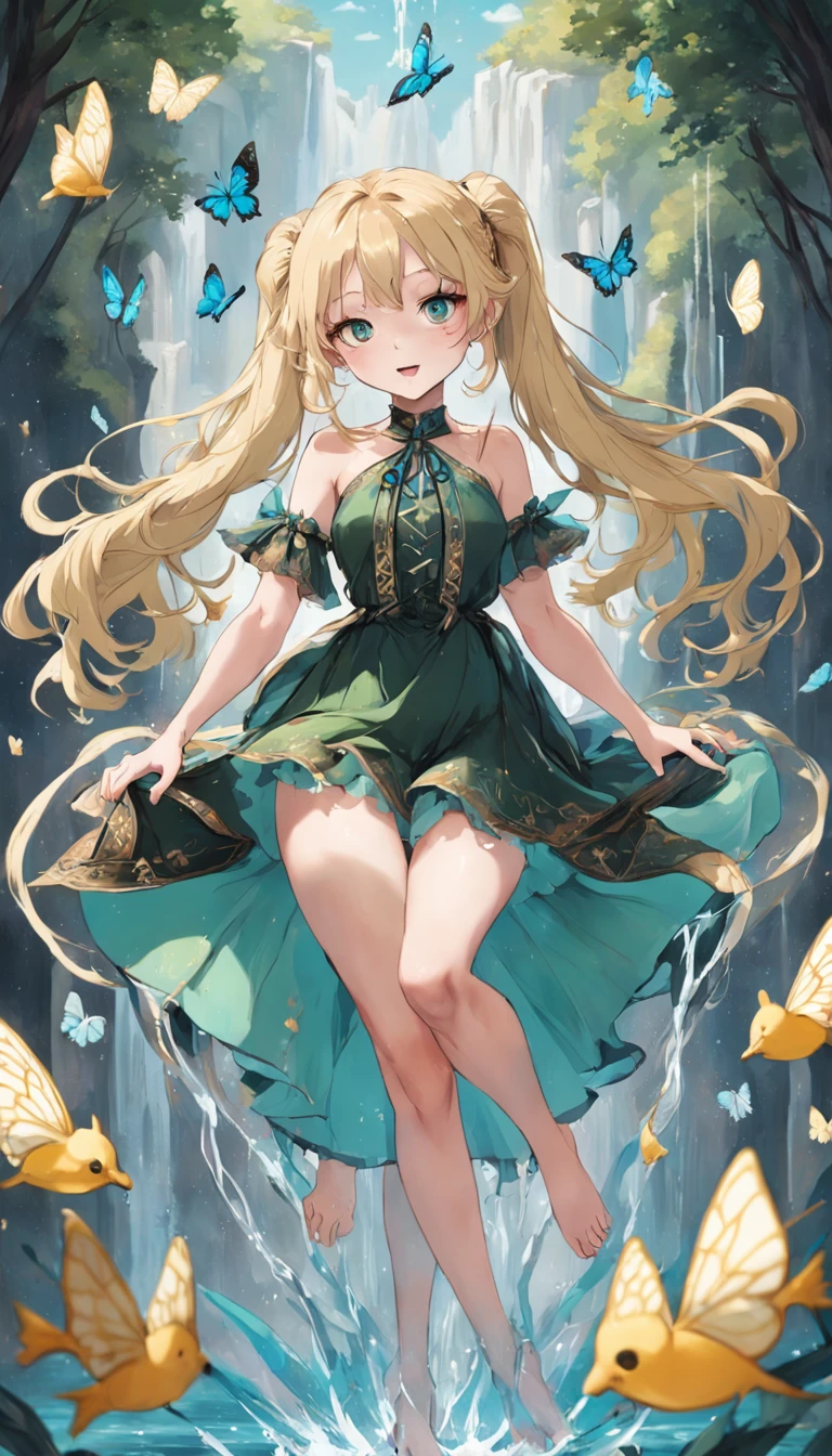 Blonde beautiful girl with double ponytail,Green with a hint of blue eyes,Black belly,bare-legged,Intricate and delicate dress,Tarot cards in hand,Sticking out his tongue and smiling playfully,full bodyesbian,The calves are tied with ribbons,Butterflies flew around,Treading barefoot in the water