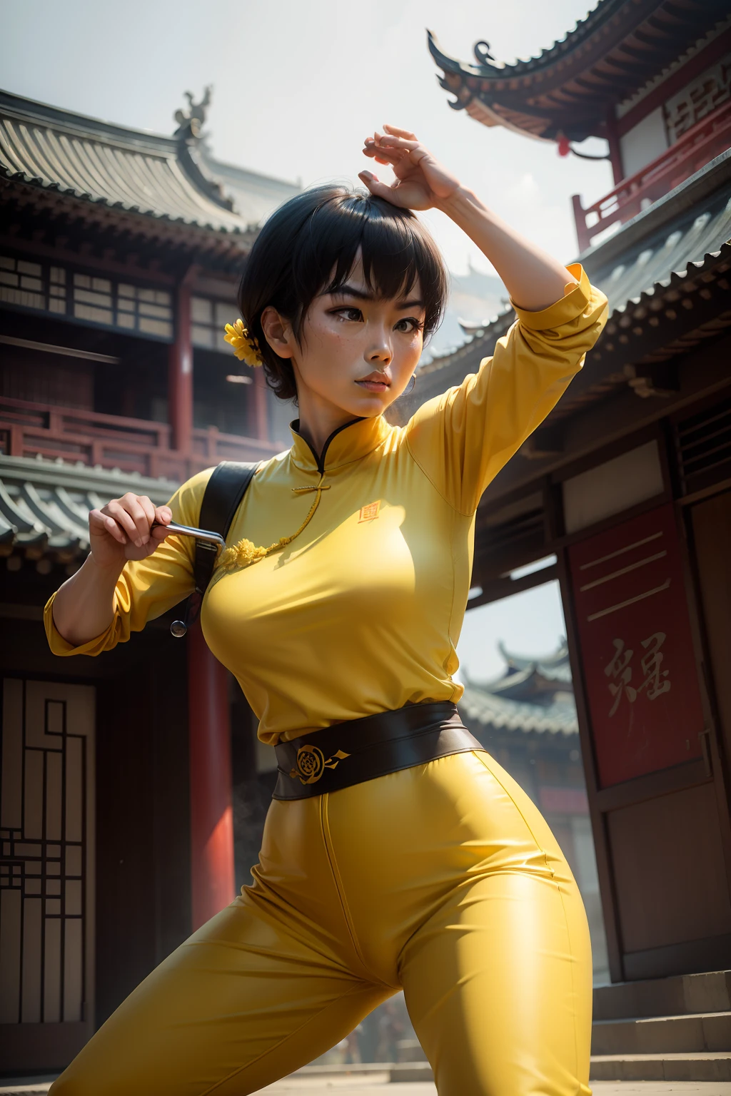 Bruce Lee's yellow costume、Woman in shortcuts、Chinese architecture background