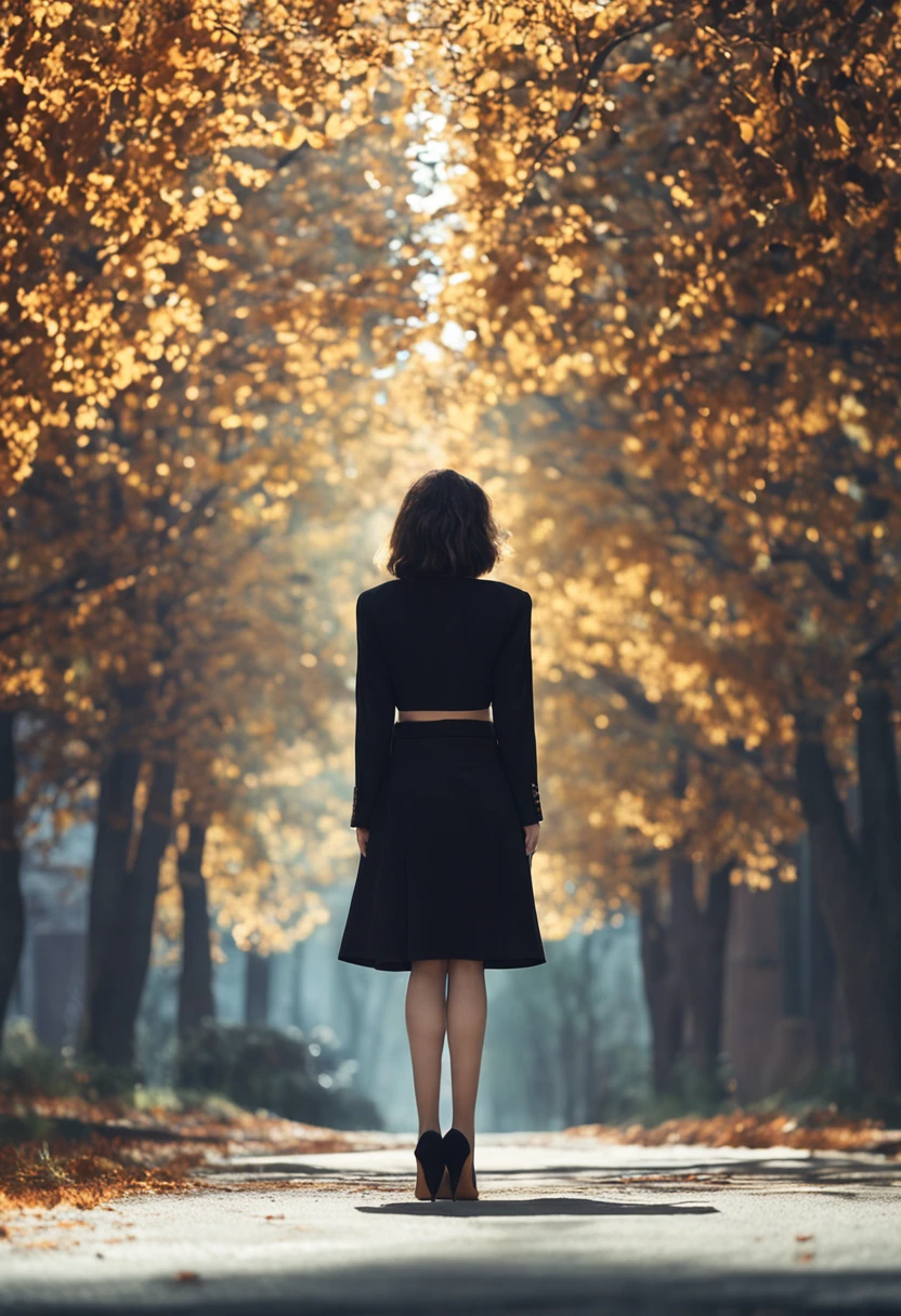 Beauty with short hair，Long black suit，Black professional hip skirt，black lence stockings，Standing upright rear view