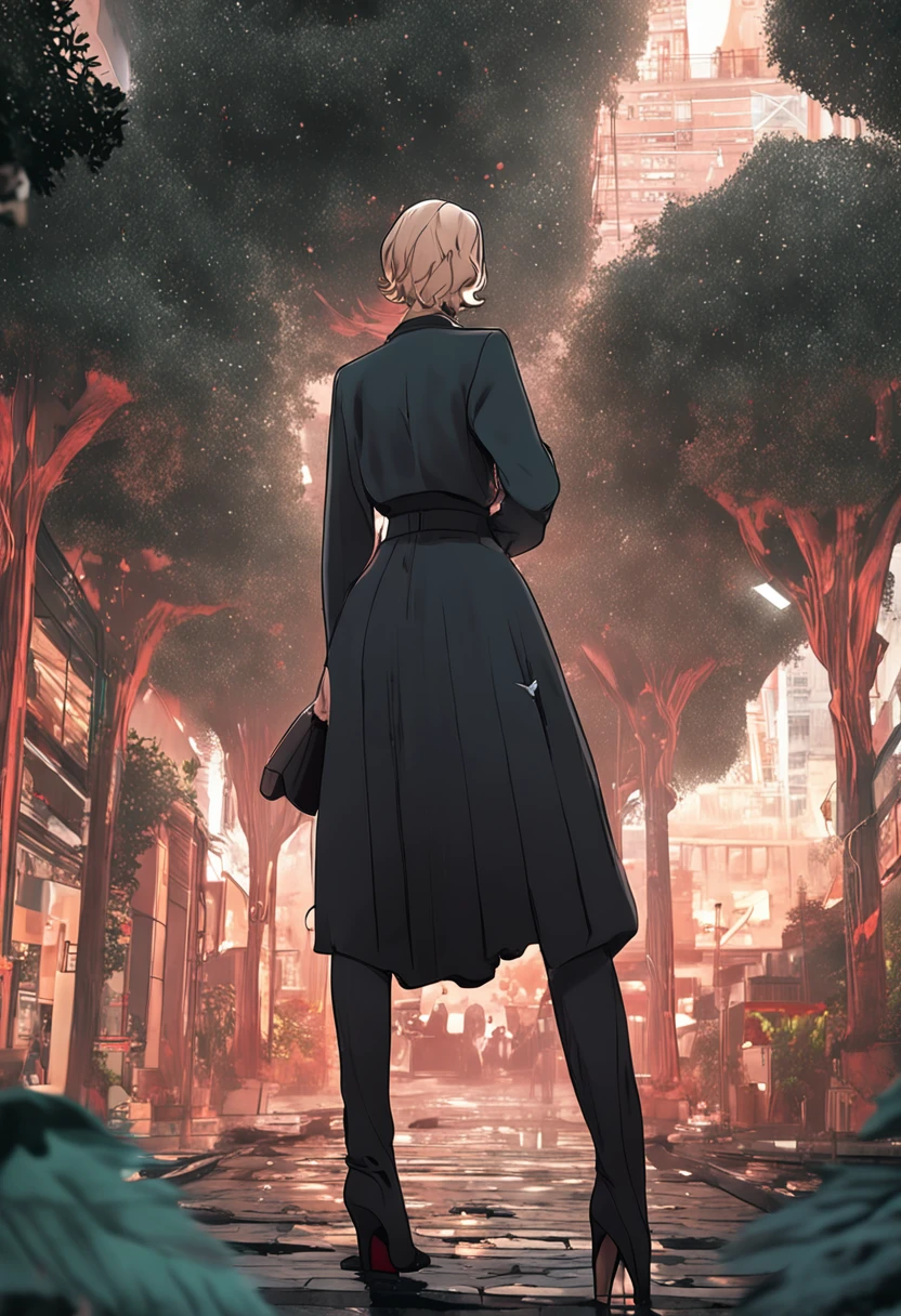 Beauty with short hair，Long black suit，Black professional hip skirt，black lence stockings，Standing upright rear view