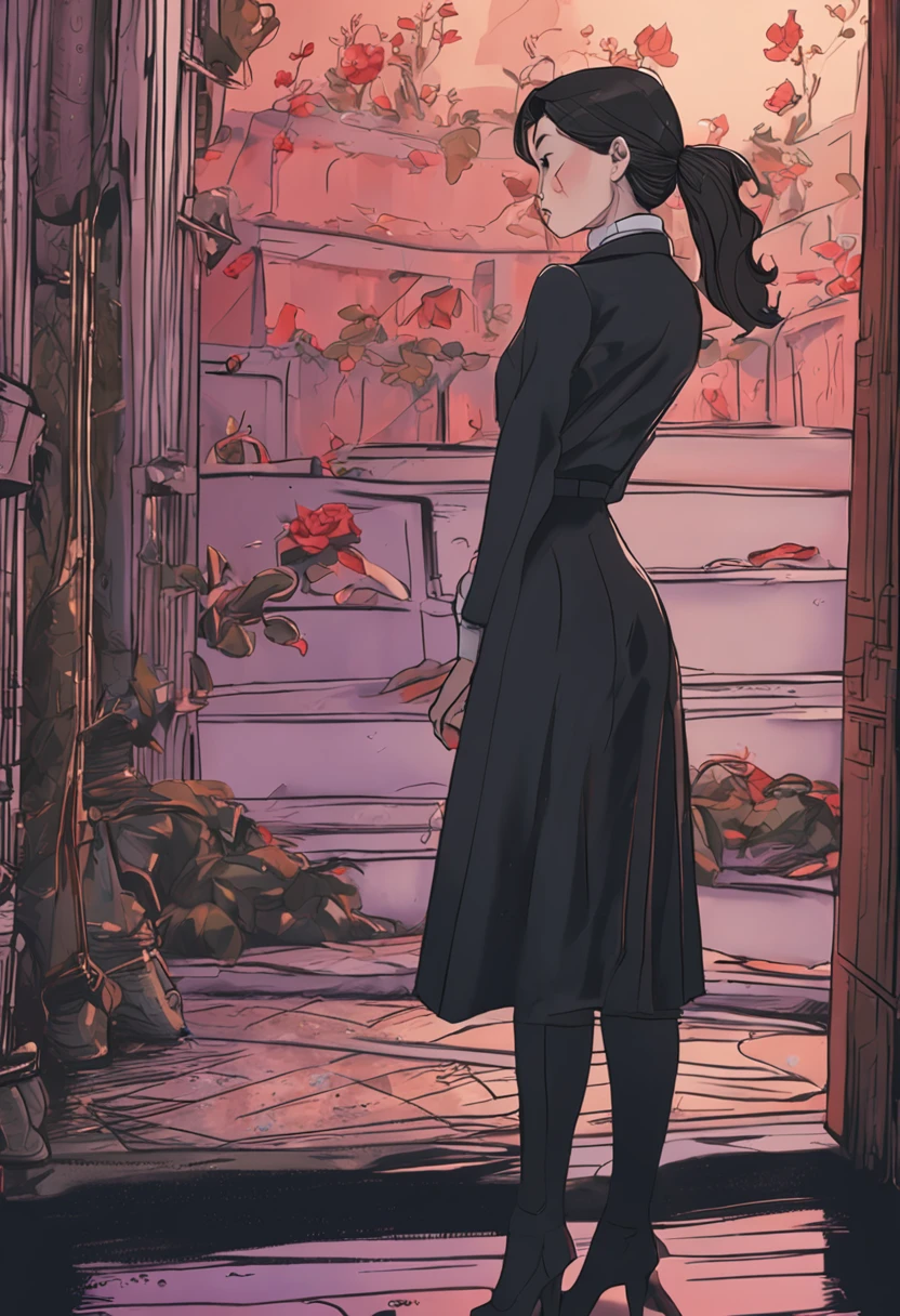 Beauty with short hair，Long black suit，Black professional hip skirt，black lence stockings，Standing upright rear view