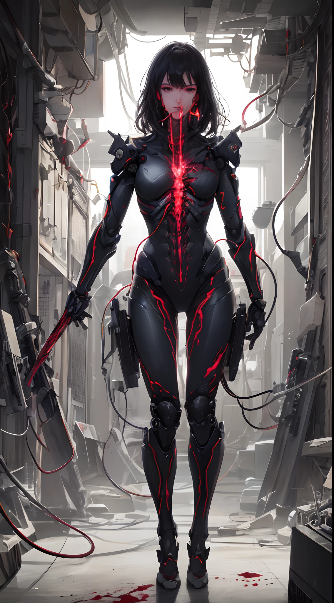 Full body like，1机械女孩，photore，sensual female，Splashed hair，（（hyper realistic detailed）），detailed face with，globalillumination，shadowing，rendering by octane，8K，Super sharp，metals，复杂，Decorations detailed，cool colours，egypician detail，highly intricate detail，realistic raytraicing，trend in CGSociety，glowing light eyes，facing at the camera，neon light detail，Mechanical limbs，blood vessels attached to the tube，Mechanical submeter mounted on the neck，wires and cables connecting to head，Blood，Killing machines，combat state，（（（tmasterpiece））），Full body like， （（best qualtiy））， （super detailing）， （CG illustration）， （Very evil and beautiful））， cinematric light， （（1 mechanical girl））， slips， （Mechanical art： 1.4）， （（Mechanical limb））， （Blood vessel attached to tube）， （（The mechanical spine is attached to the back））， （（The mechanical cervical vertebrae are attached to the neck）， （facing away from the audience））， face expressionless， （ wires and cables attached to head and body： 1.5）， scientific fiction， apocalytic， 废墟， （lower body integrated with mechanical devices）， （bloods： 1.5）， brutality， hoang lap， ， fusion with machines， Doomsday time， Super Future， inorganic， Lab Room， restraind， （Beautiful indulgence： 1.2）， （1 rapariga： 1.3），Bursting blood vessels，blood splattere， body wrapped around mechanical tentacles，The steel pipe is forked out of the mouth！combat state，falling from sky，Wield a dagger，Killing machines，