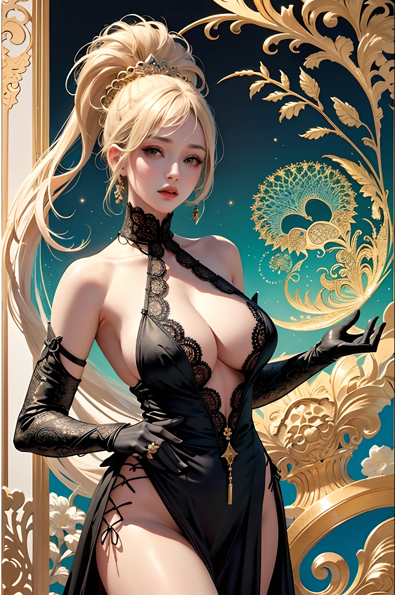 Official art、 wall-paper、ultra-detailliert、masterpiece、top-quality、(Zentangle、a Mandala、(Fractal Art:1.3)、30-years old、ighly detailed、Dynamic angles、a blond、The most beautiful、elegent、Vibrant colors、romantism、overly too long sleeves、exposed shoulder、exposed breast、Black Gloves、golden ornament、Lace folds、Exposed buttocks、Beautiful fece、Beautie、big eye、lipgloss、adult lady、see -through、Lively posture