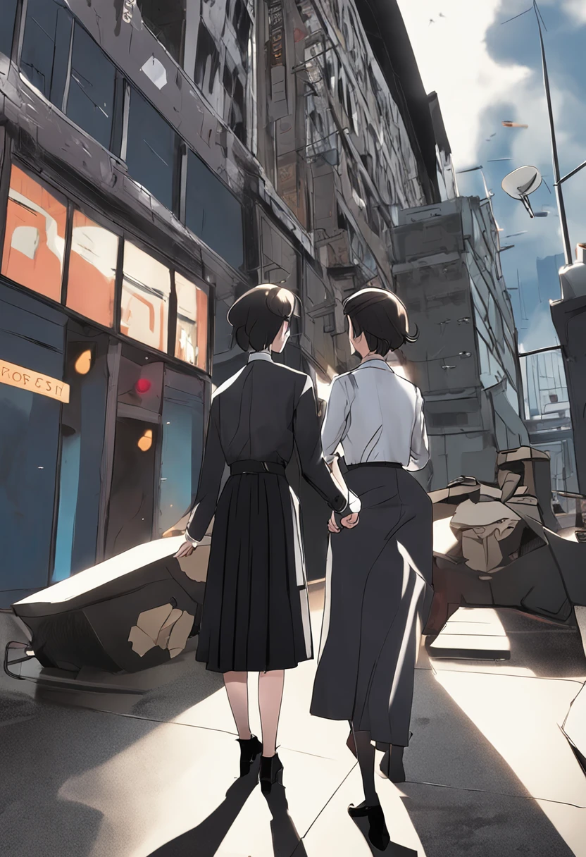 Short hair, white-collar workers，Long black suit，Black professional hip skirt，black lence stockings，Standing upright rear view