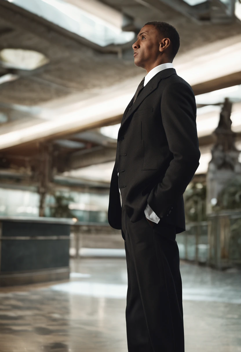 Short hair, white-collar workers，Long black suit，Black professional hip skirt，black lence stockings，Standing upright rear view